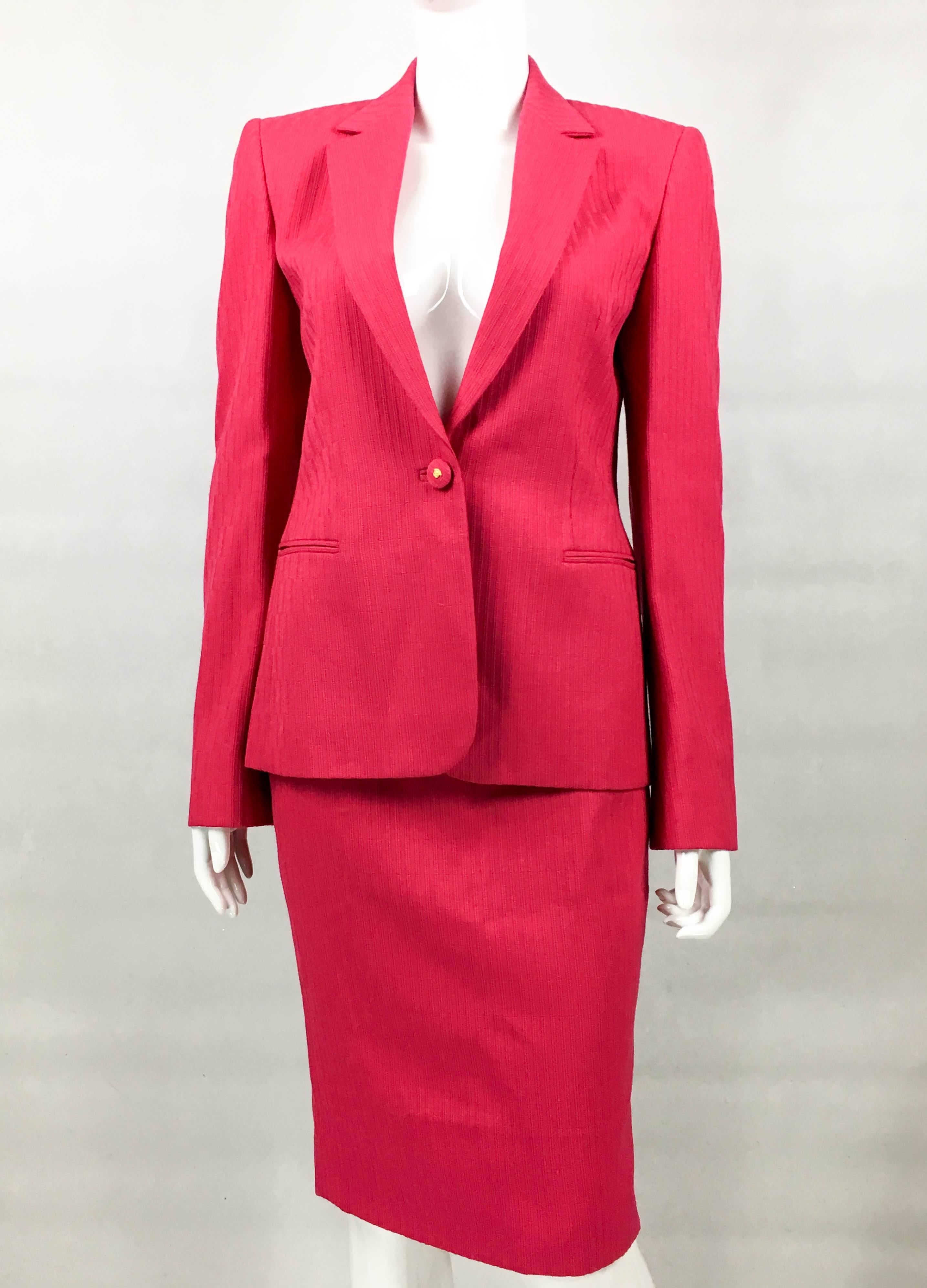 Women's 1980's Gianni Versace Couture Shocking Pink Wool Skirt Suit