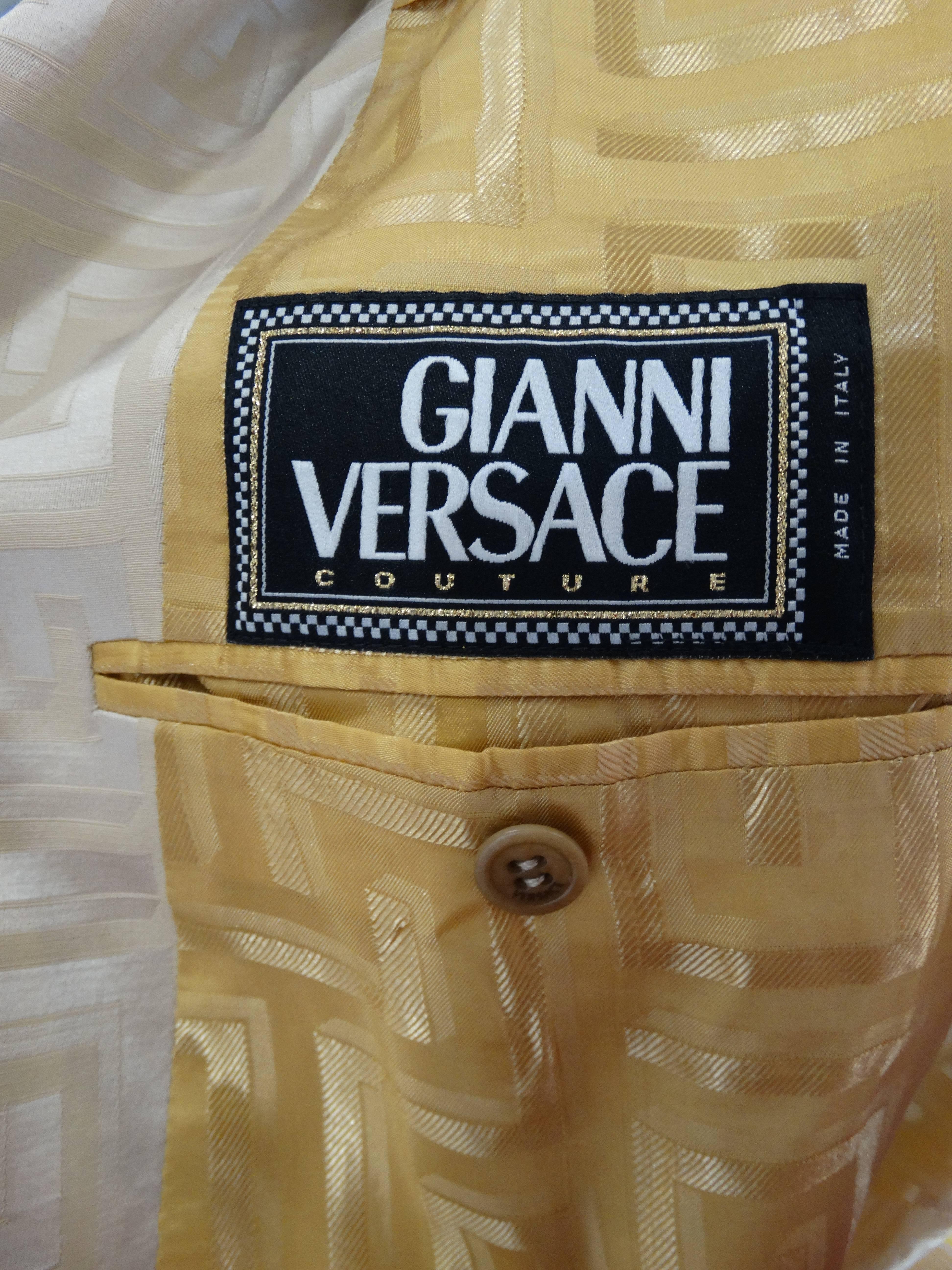 Gianni Versace Couture Silk Greek Key Printed Tan Suit, 1980s   4