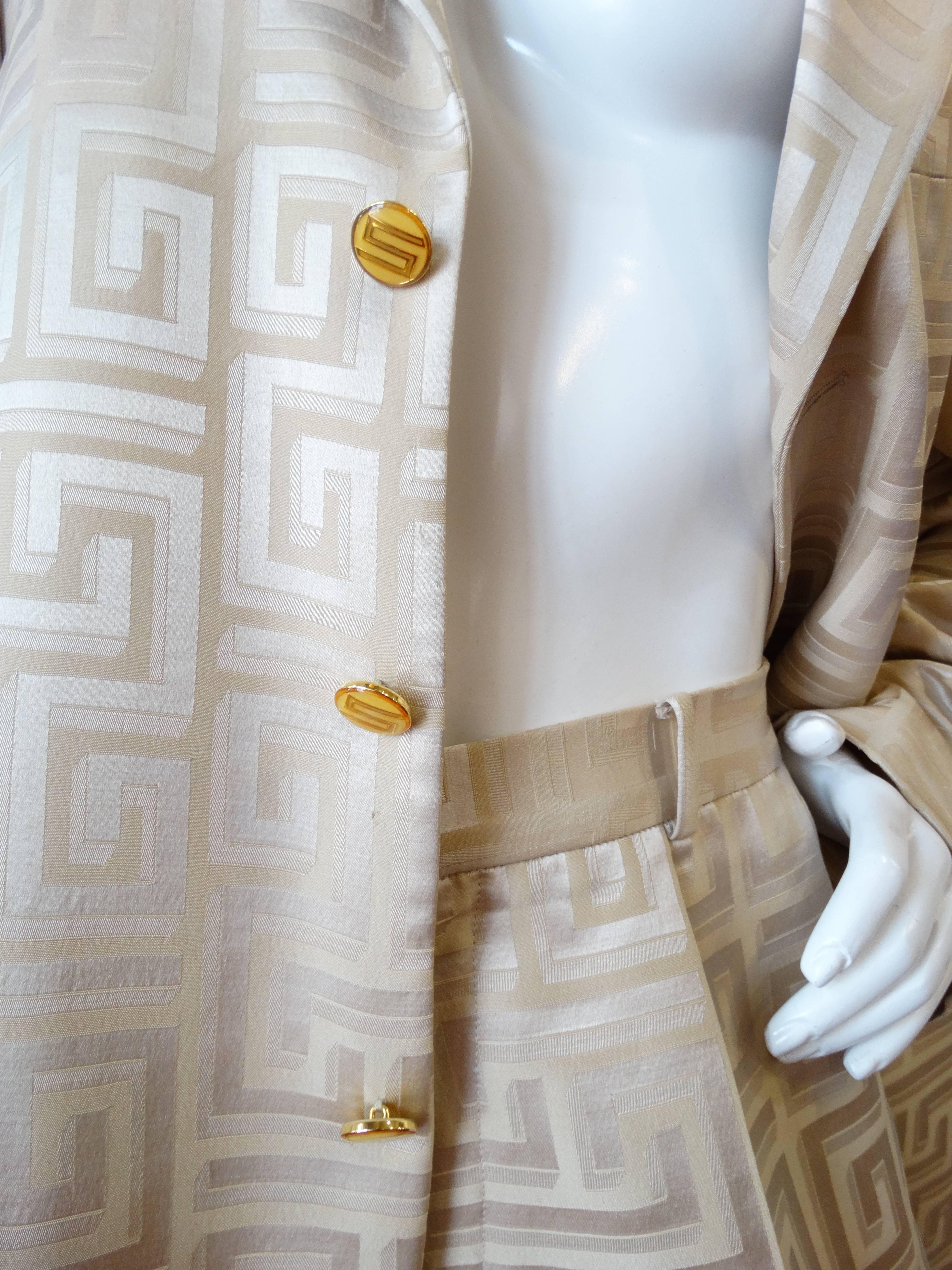 Beige Gianni Versace Couture Silk Greek Key Printed Tan Suit, 1980s  