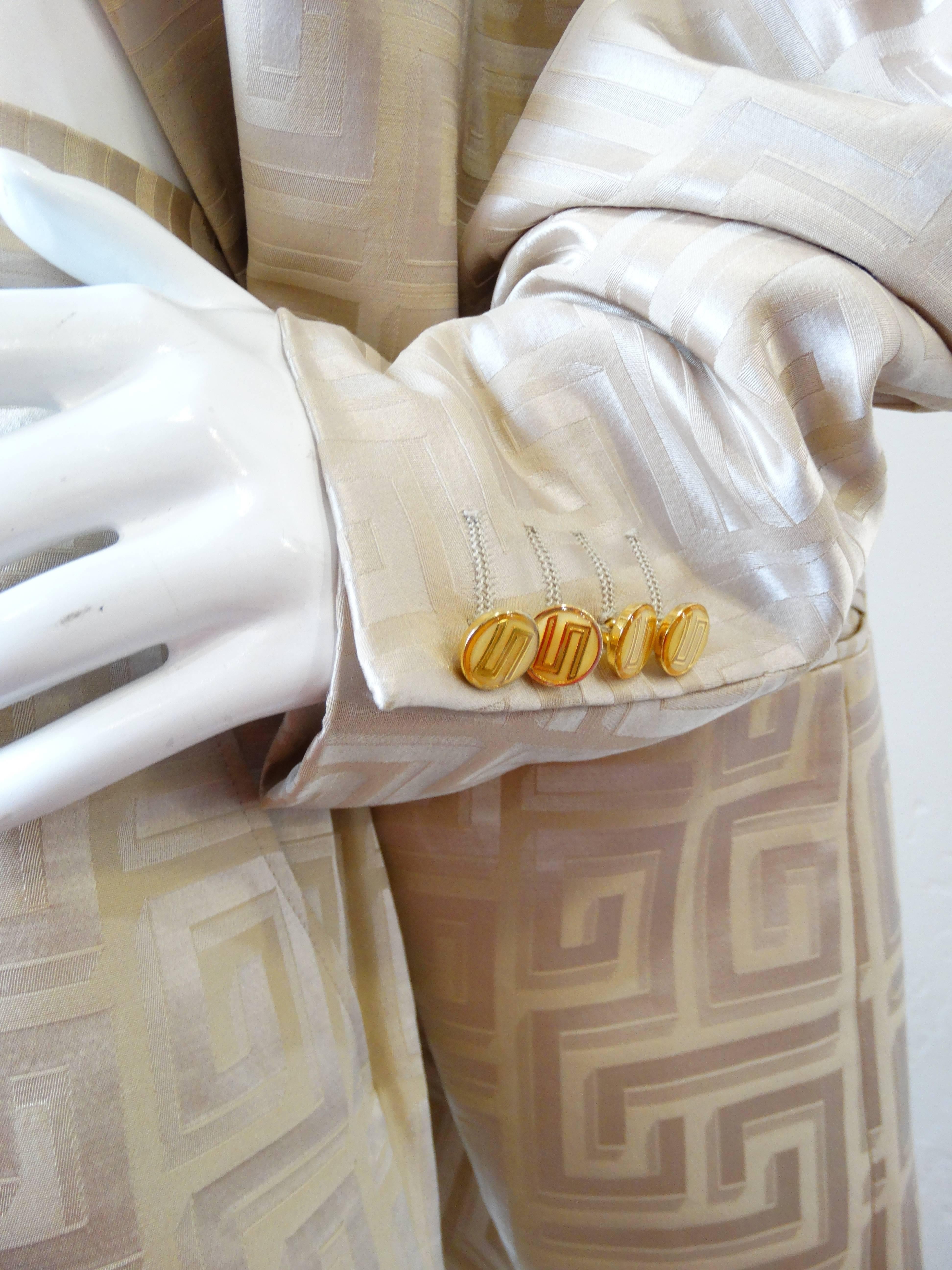 Gianni Versace Couture Silk Greek Key Printed Tan Suit, 1980s   In Excellent Condition In Scottsdale, AZ
