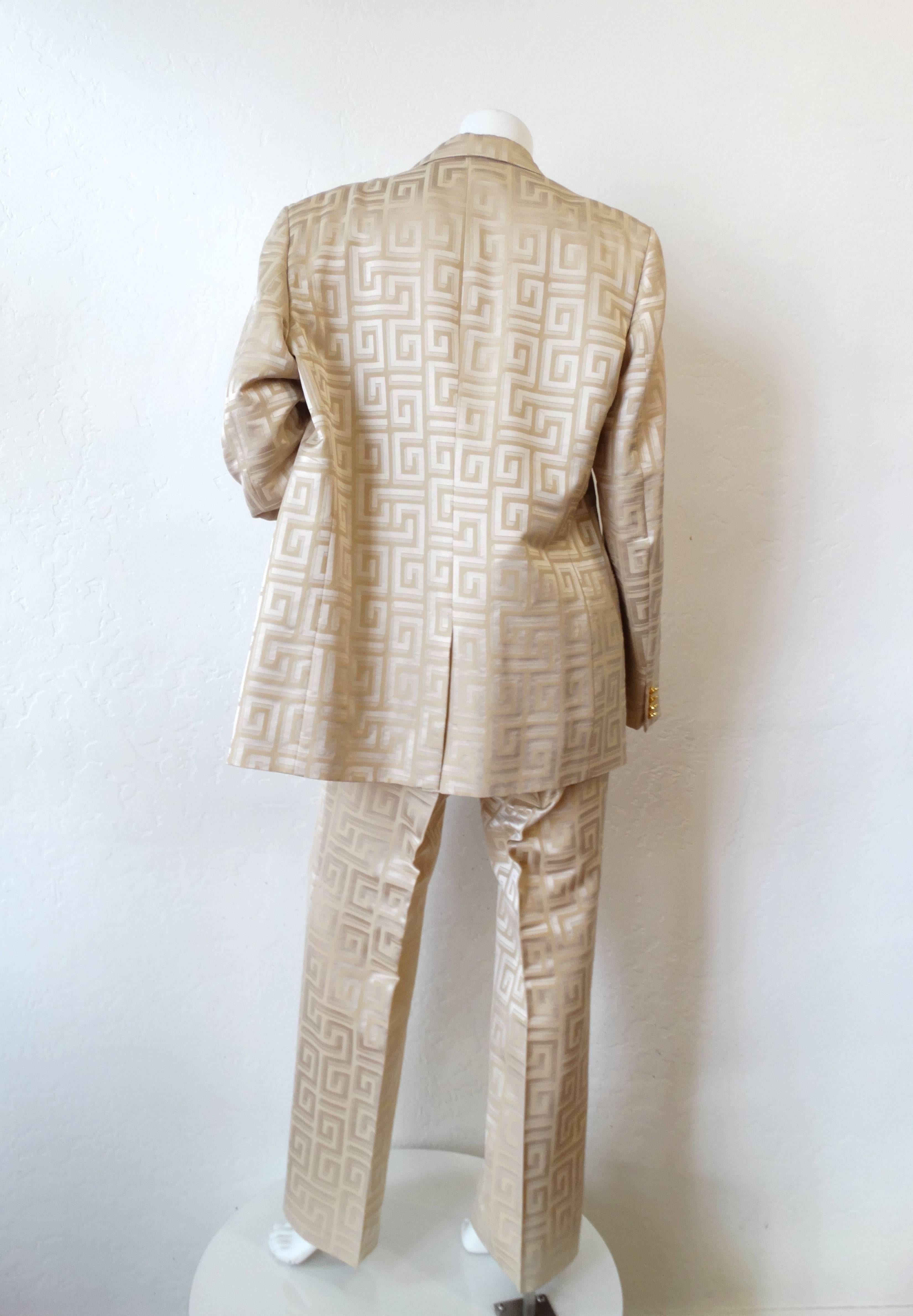 Gianni Versace Couture Silk Greek Key Printed Tan Suit, 1980s   2