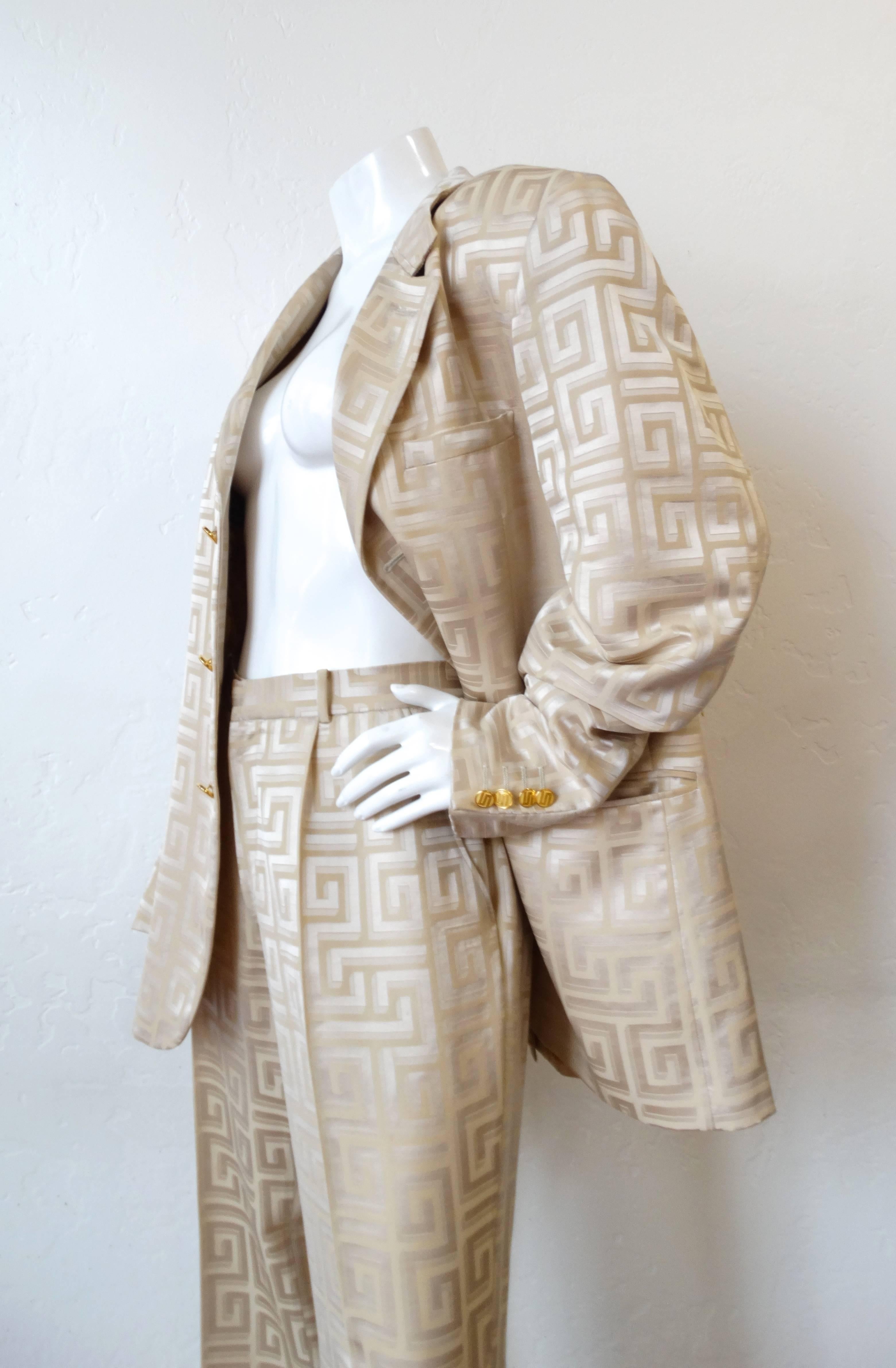 Gianni Versace Couture Silk Greek Key Printed Tan Suit, 1980s   3