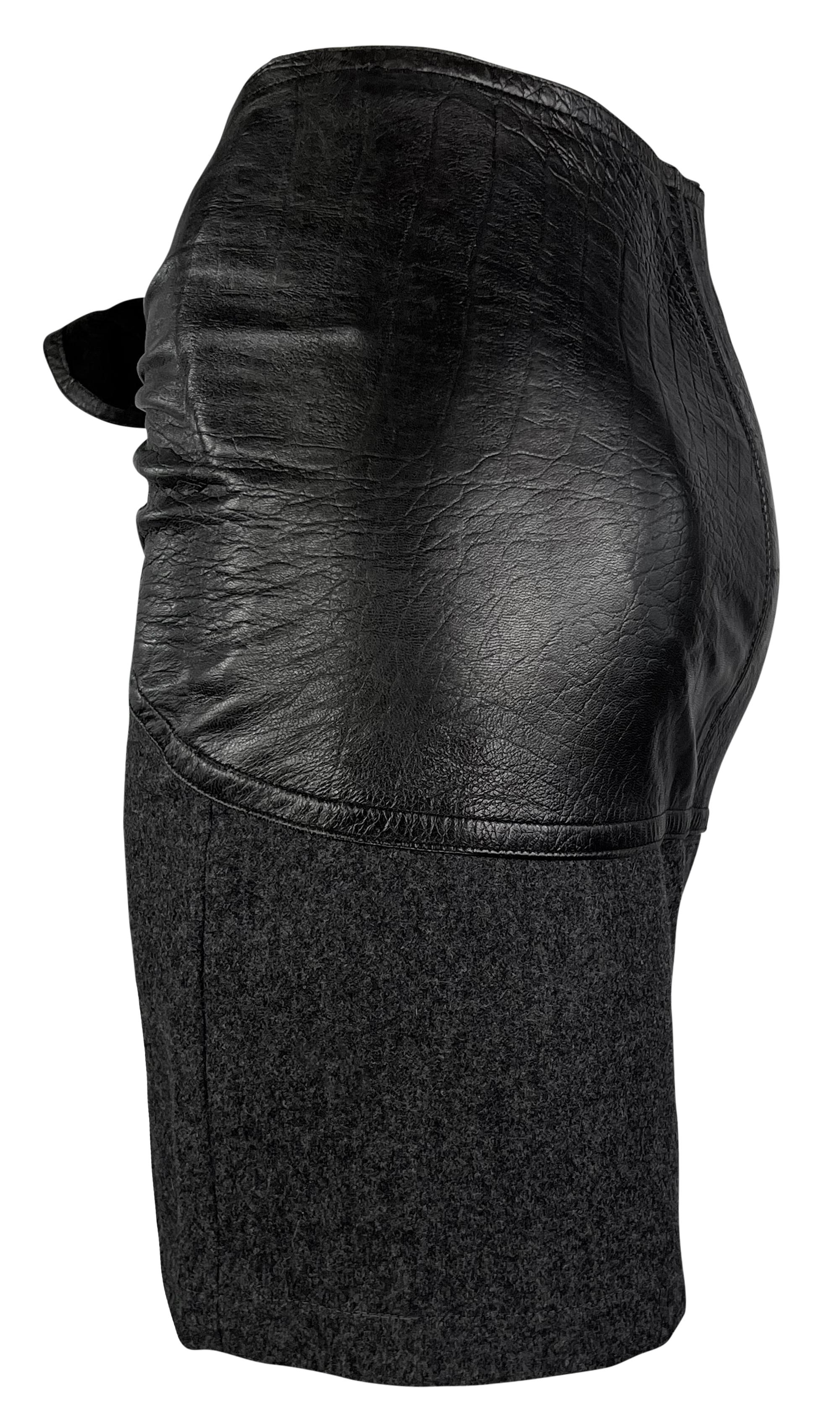 1980s Gianni Versace Embossed Black Leather Tie Front Grey Wool Mini Skirt In Excellent Condition In West Hollywood, CA