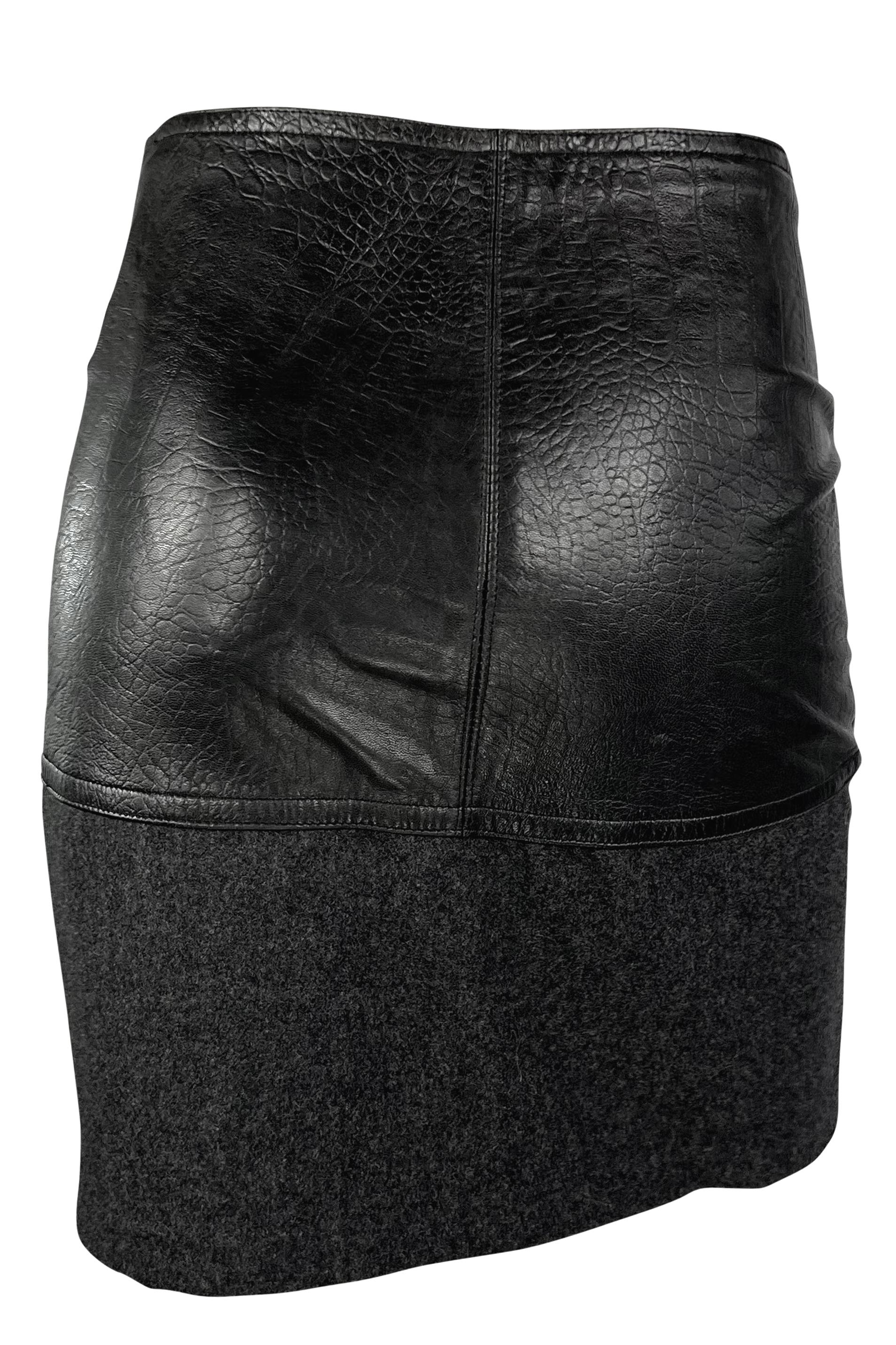 Women's 1980s Gianni Versace Embossed Black Leather Tie Front Grey Wool Mini Skirt