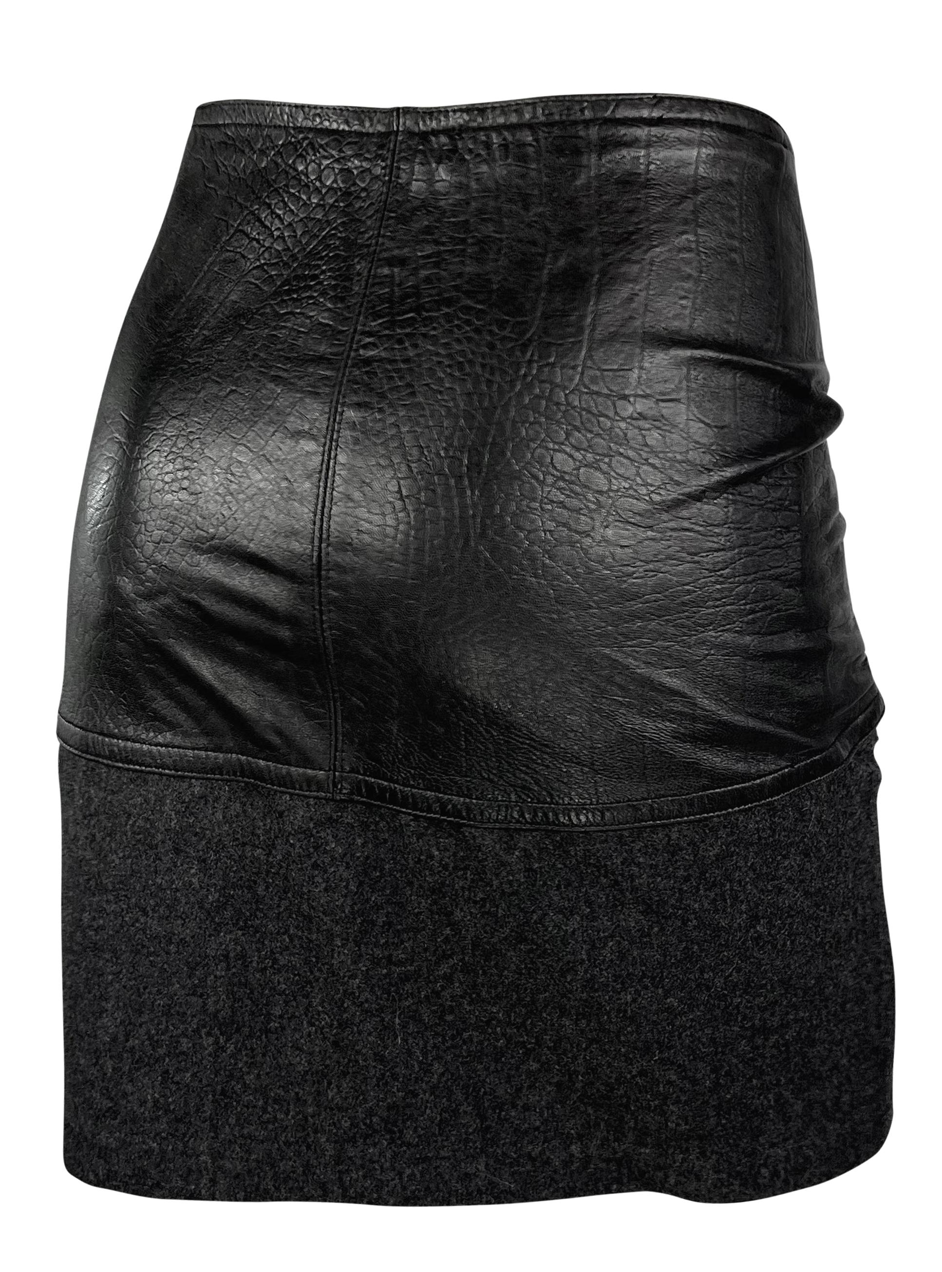 1980s Gianni Versace Embossed Black Leather Tie Front Grey Wool Mini Skirt 1