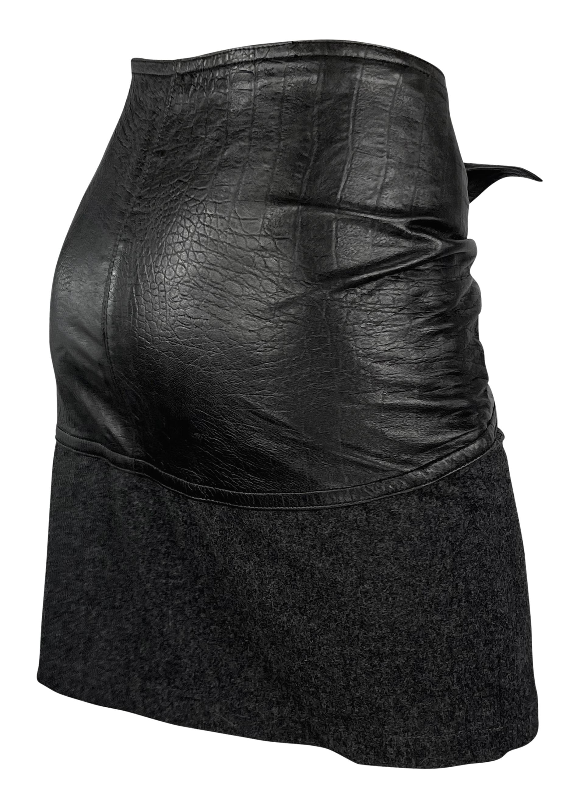 1980s Gianni Versace Embossed Black Leather Tie Front Grey Wool Mini Skirt 2