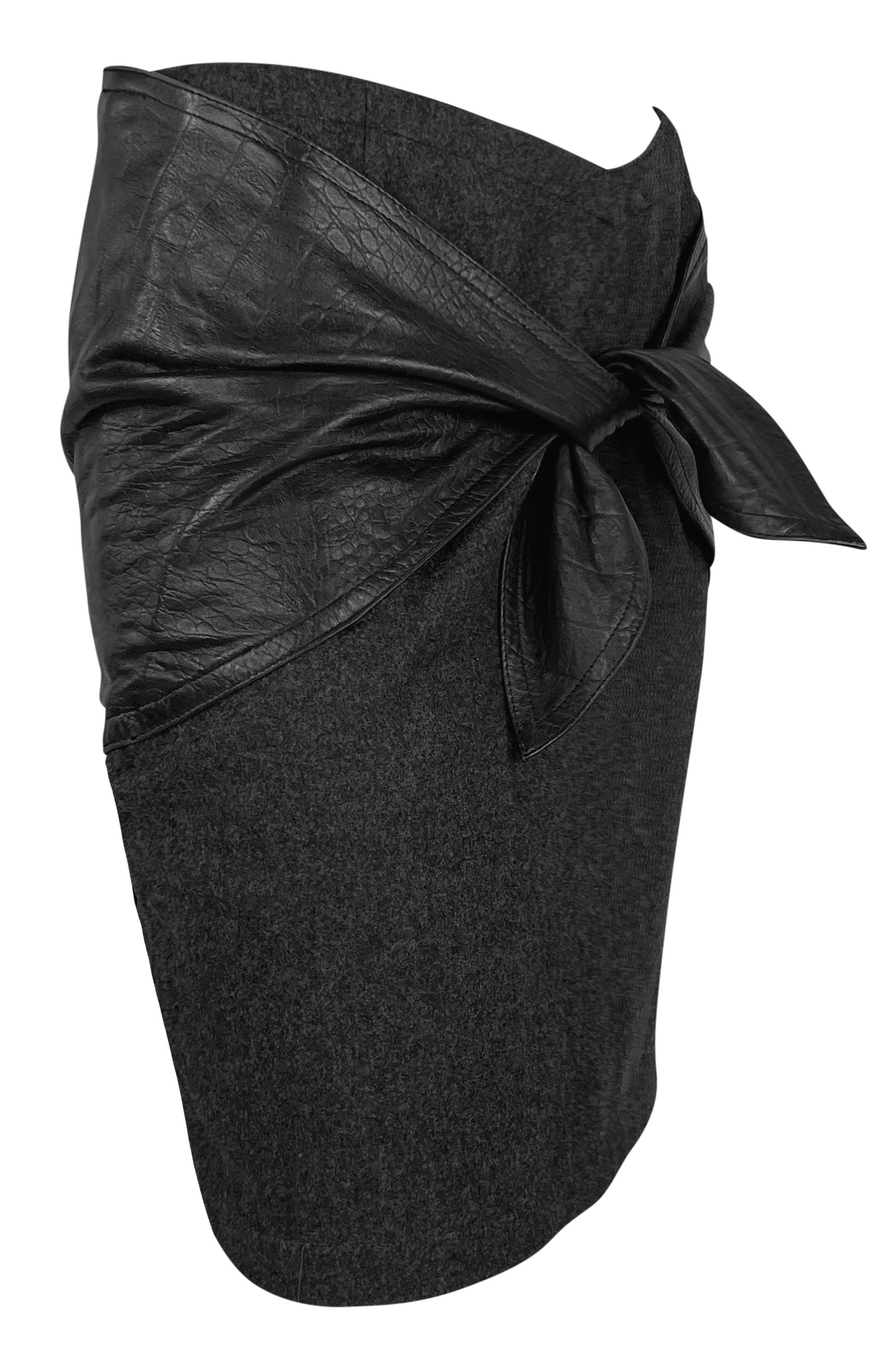 1980s Gianni Versace Embossed Black Leather Tie Front Grey Wool Mini Skirt 3