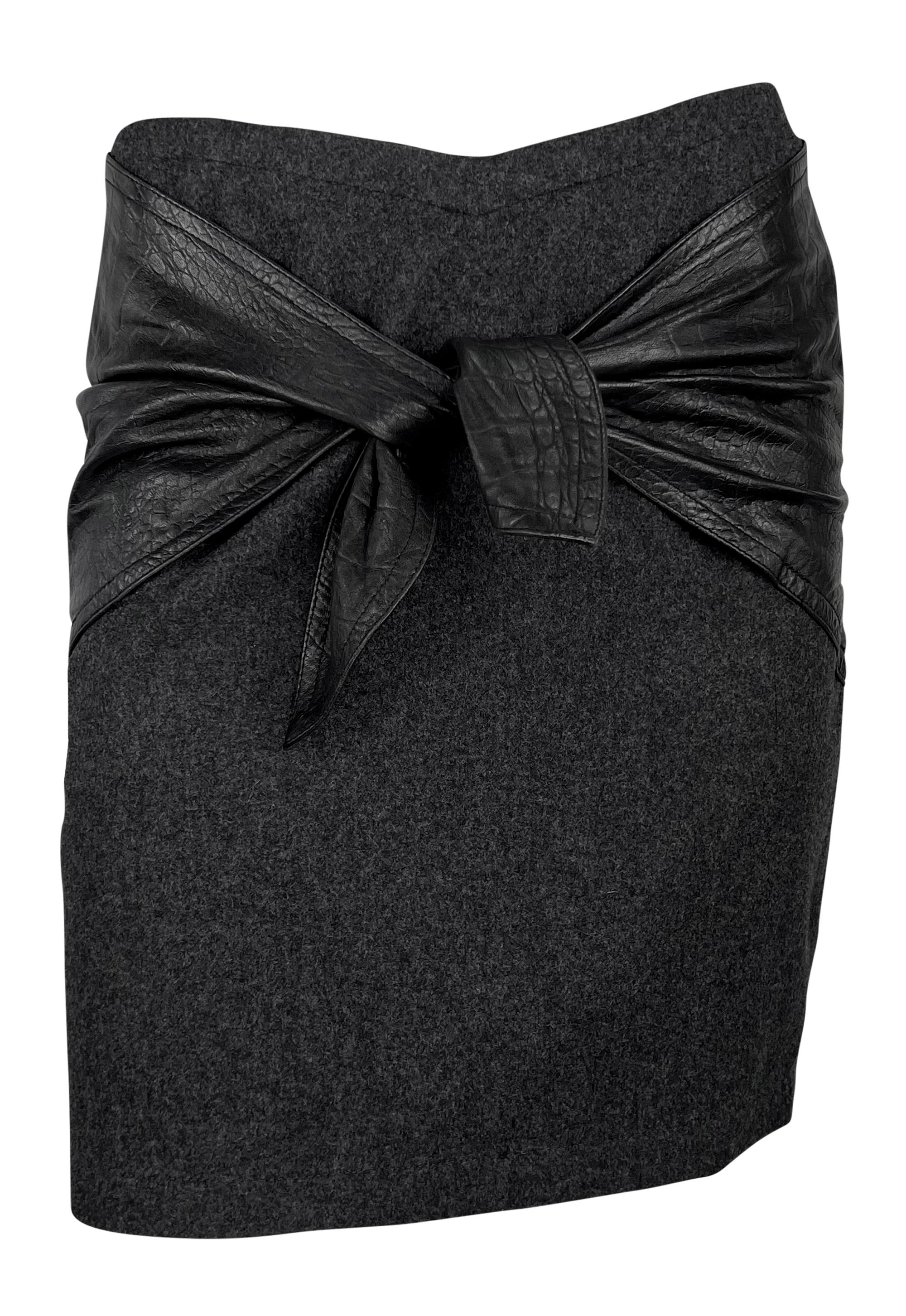 1980s Gianni Versace Embossed Black Leather Tie Front Grey Wool Mini Skirt 4