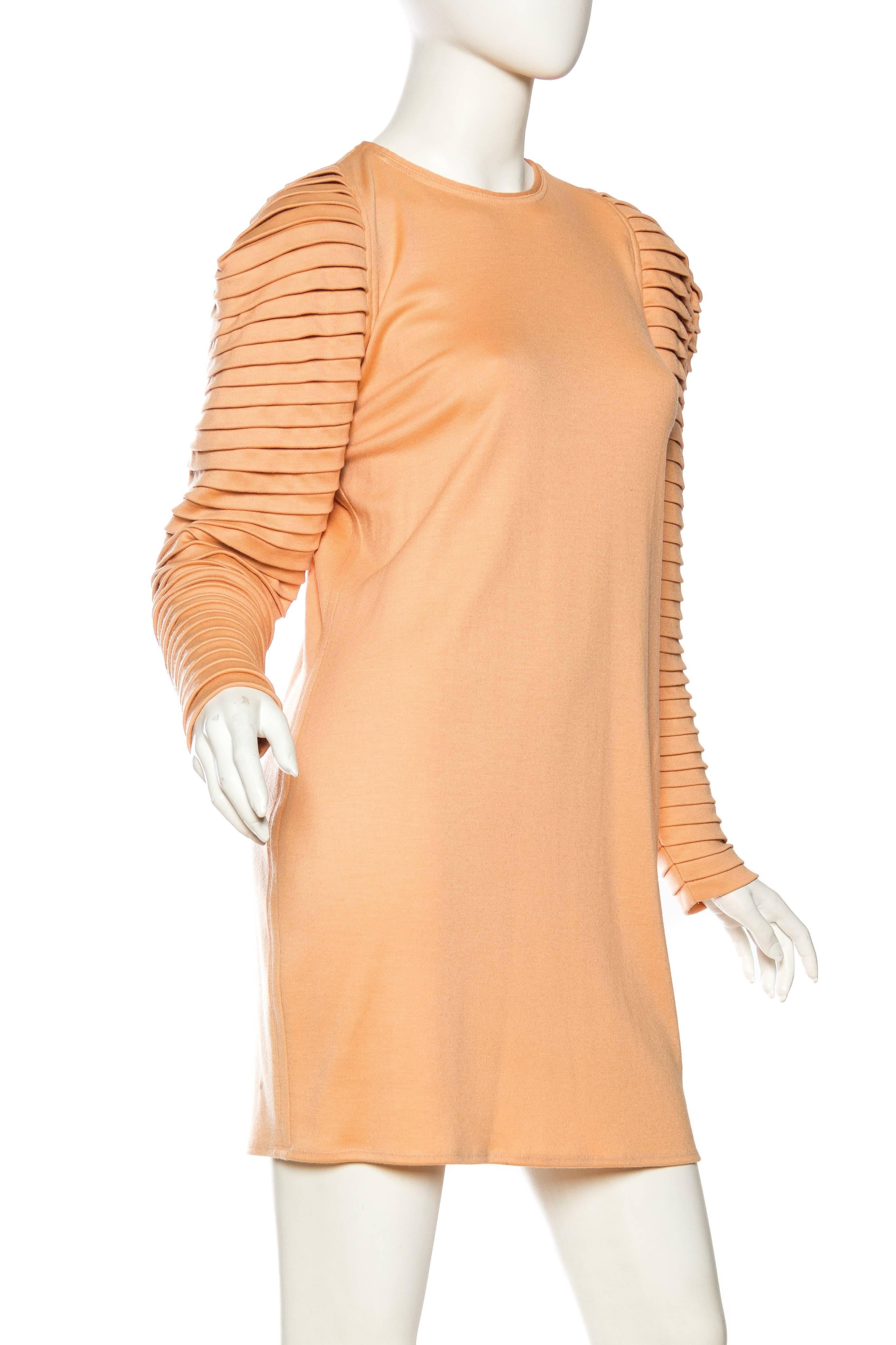 1980s GIANNI VERSACE FOR GENNY Peach Wool Jersey Cozy Long Sleeve Mini Dress 1