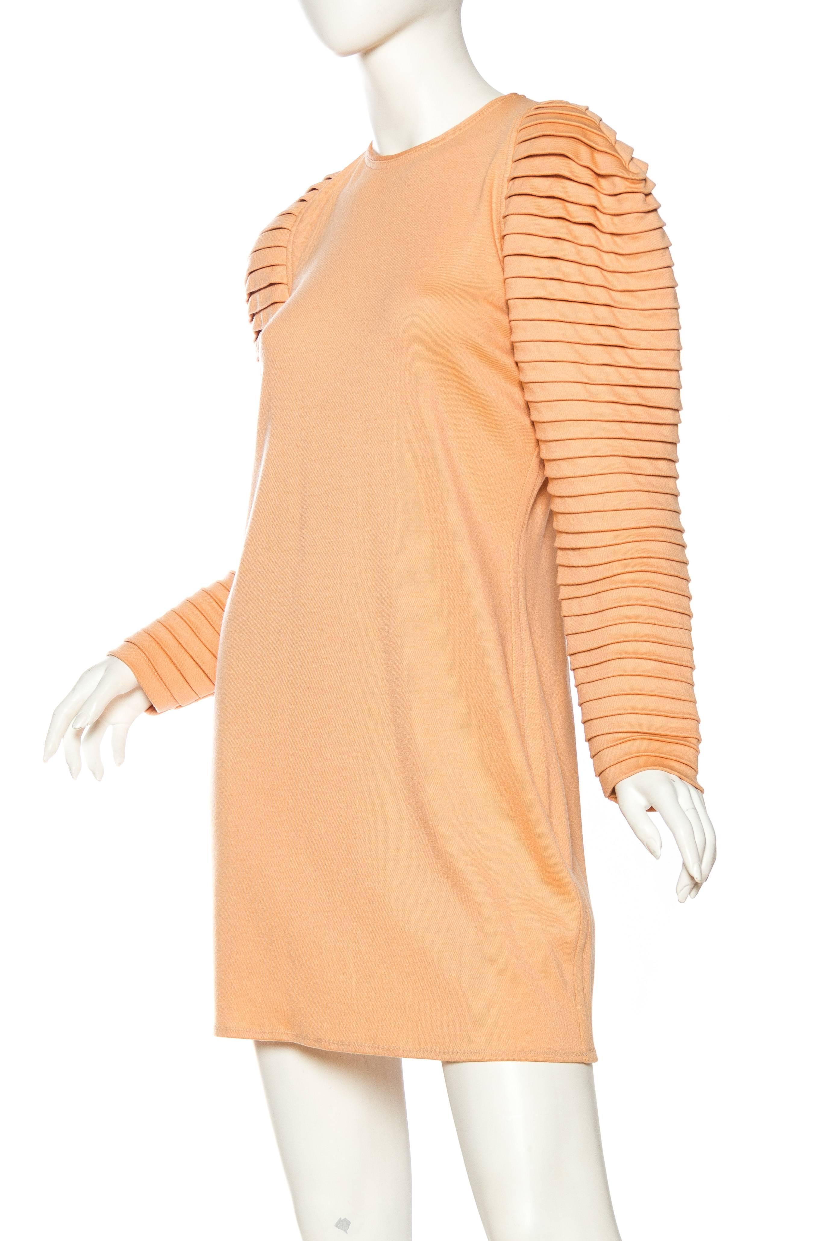 1980s GIANNI VERSACE FOR GENNY Peach Wool Jersey Cozy Long Sleeve Mini Dress 2