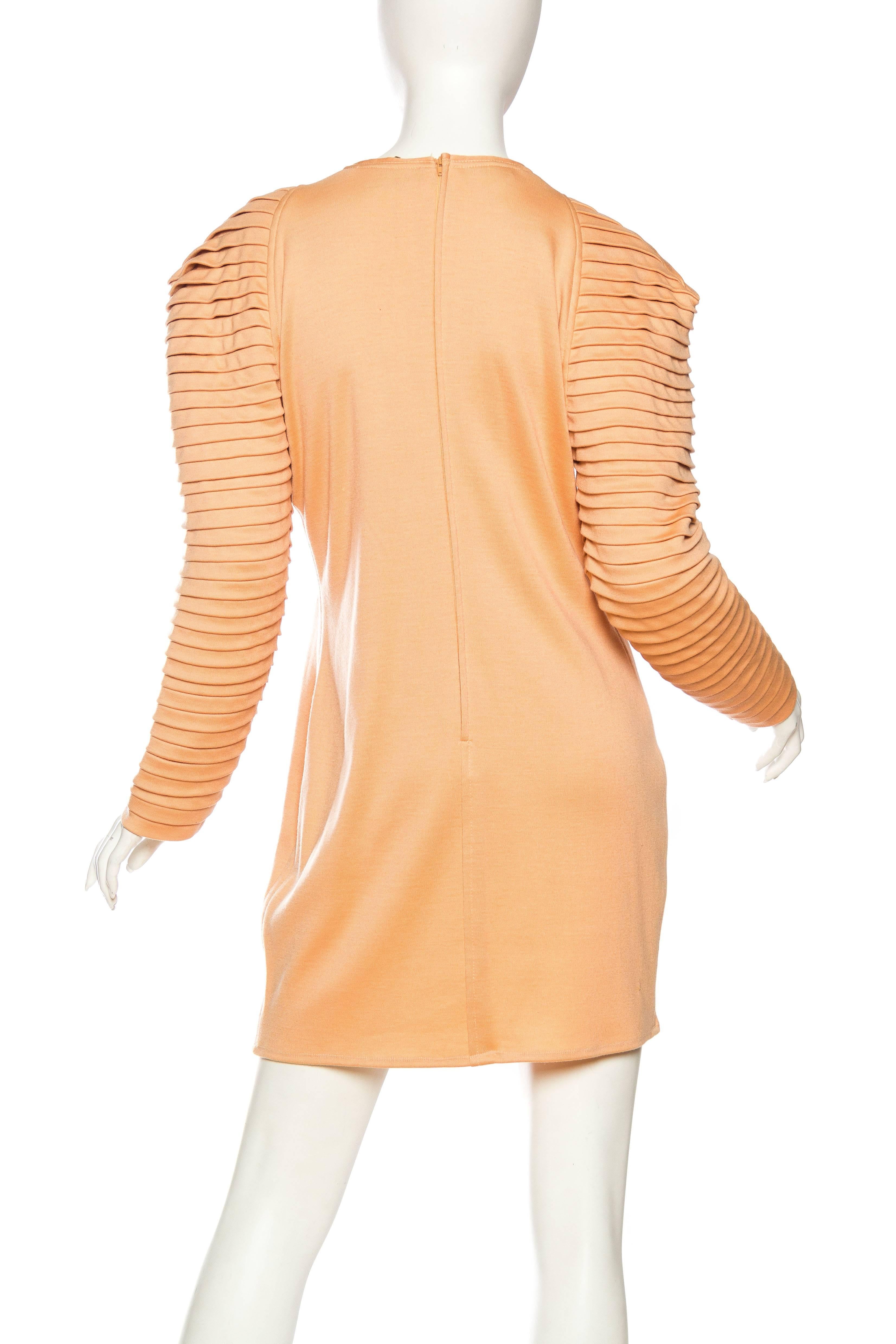 1980s GIANNI VERSACE FOR GENNY Peach Wool Jersey Cozy Long Sleeve Mini Dress 3