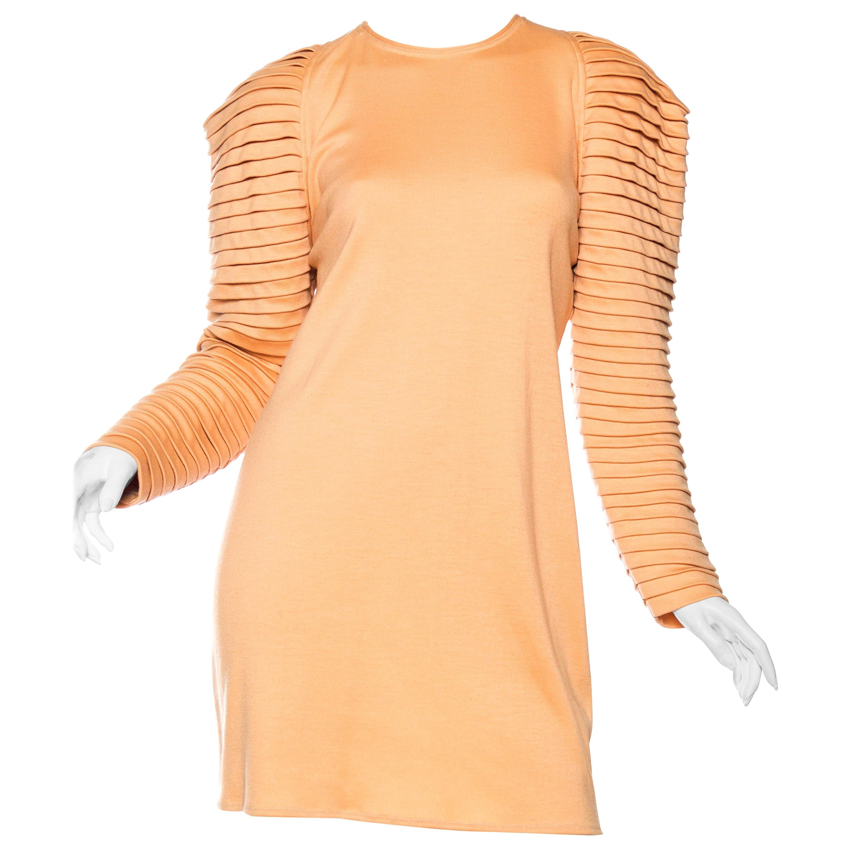 1980s GIANNI VERSACE FOR GENNY Peach Wool Jersey Cozy Long Sleeve Mini Dress
