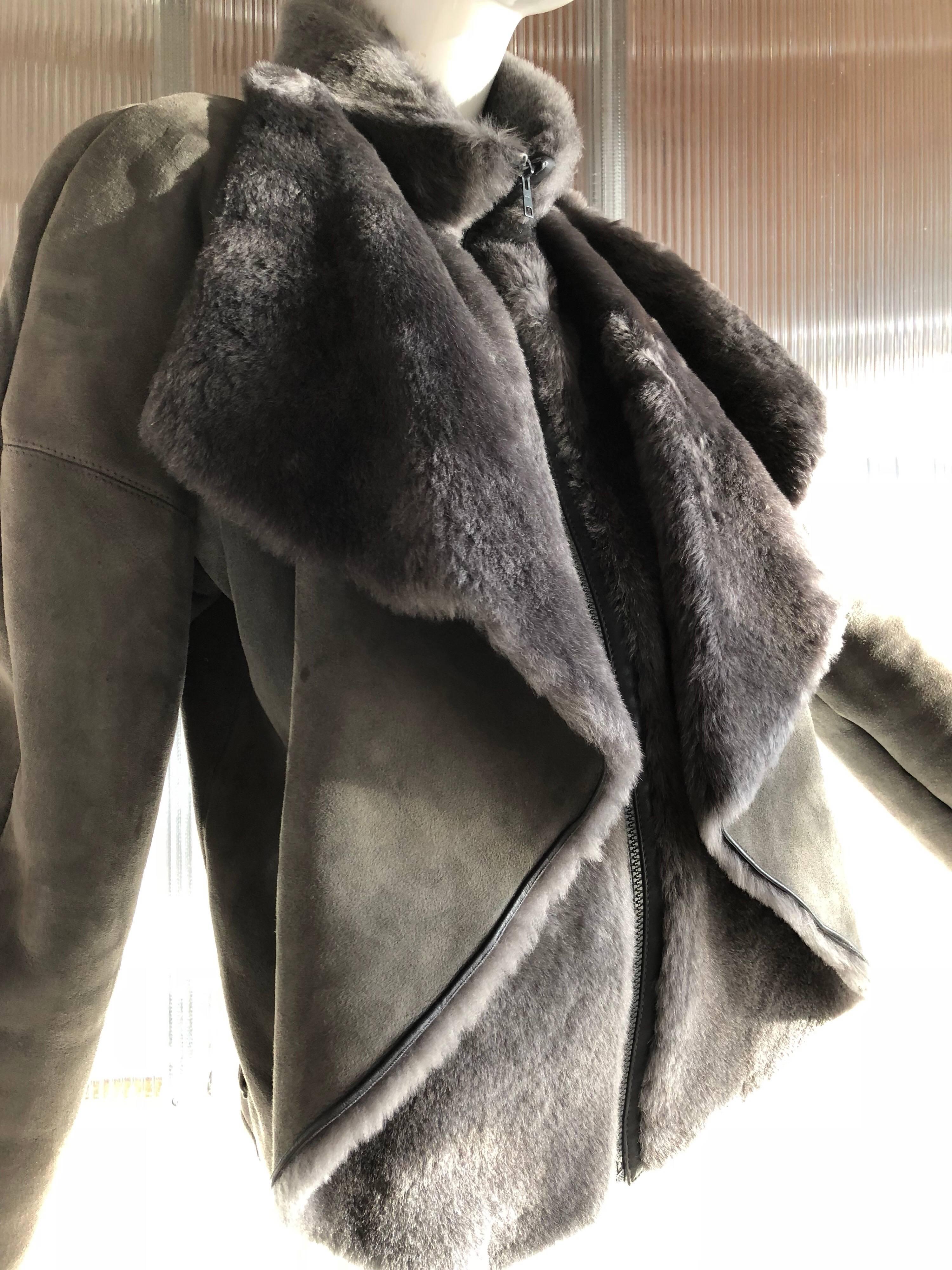 1980s Gianni Versace Gray Shearling Zip Front Jacket W/ Luxurious Draped Collar 2