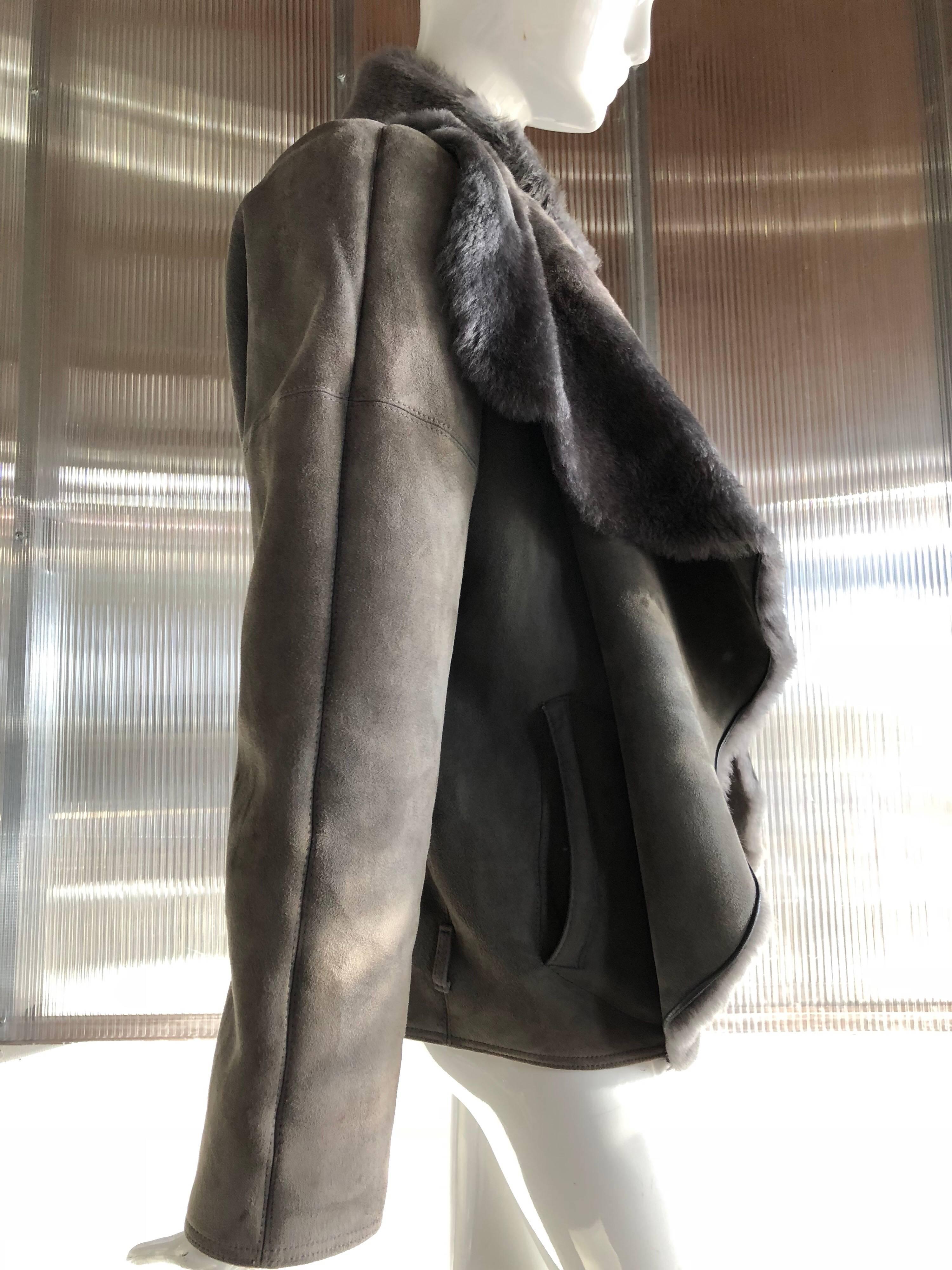 1980s Gianni Versace Gray Shearling Zip Front Jacket W/ Luxurious Draped Collar 3