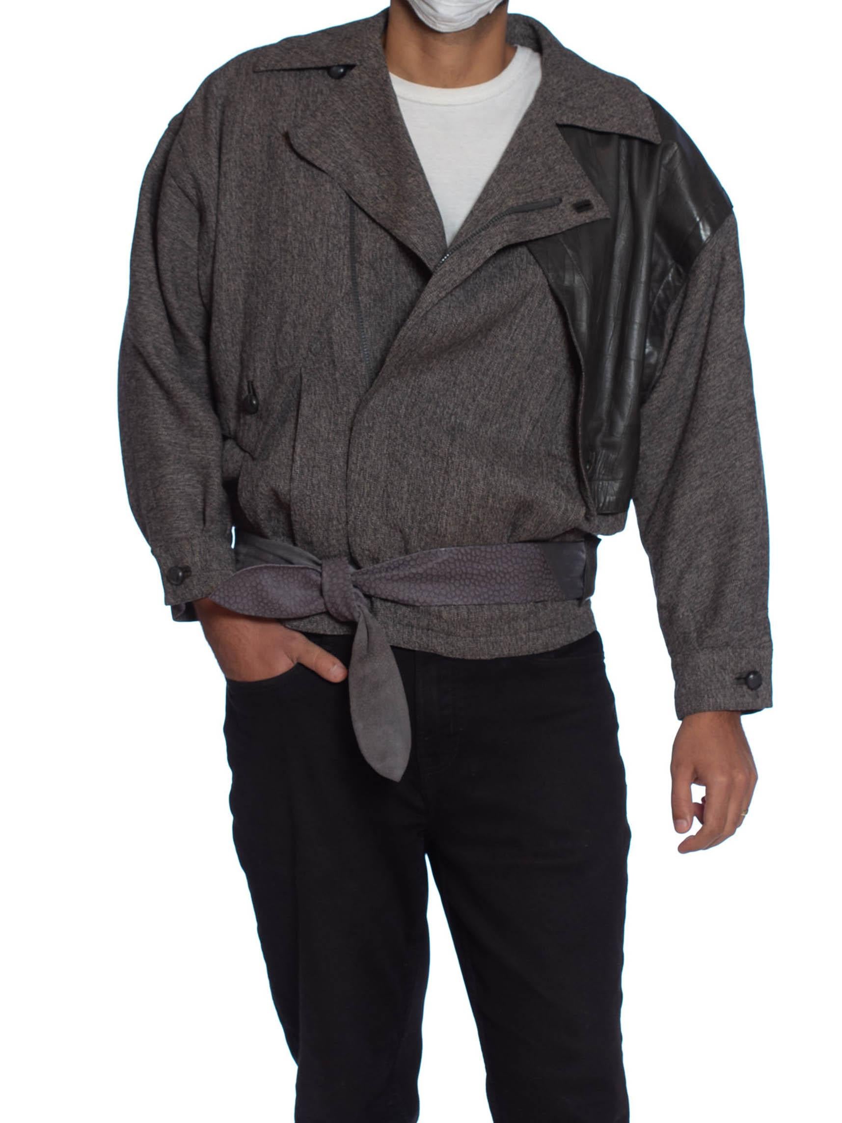 1980S Gianni Versace Grey Wool & Leather Men's Jacket In Excellent Condition In New York, NY