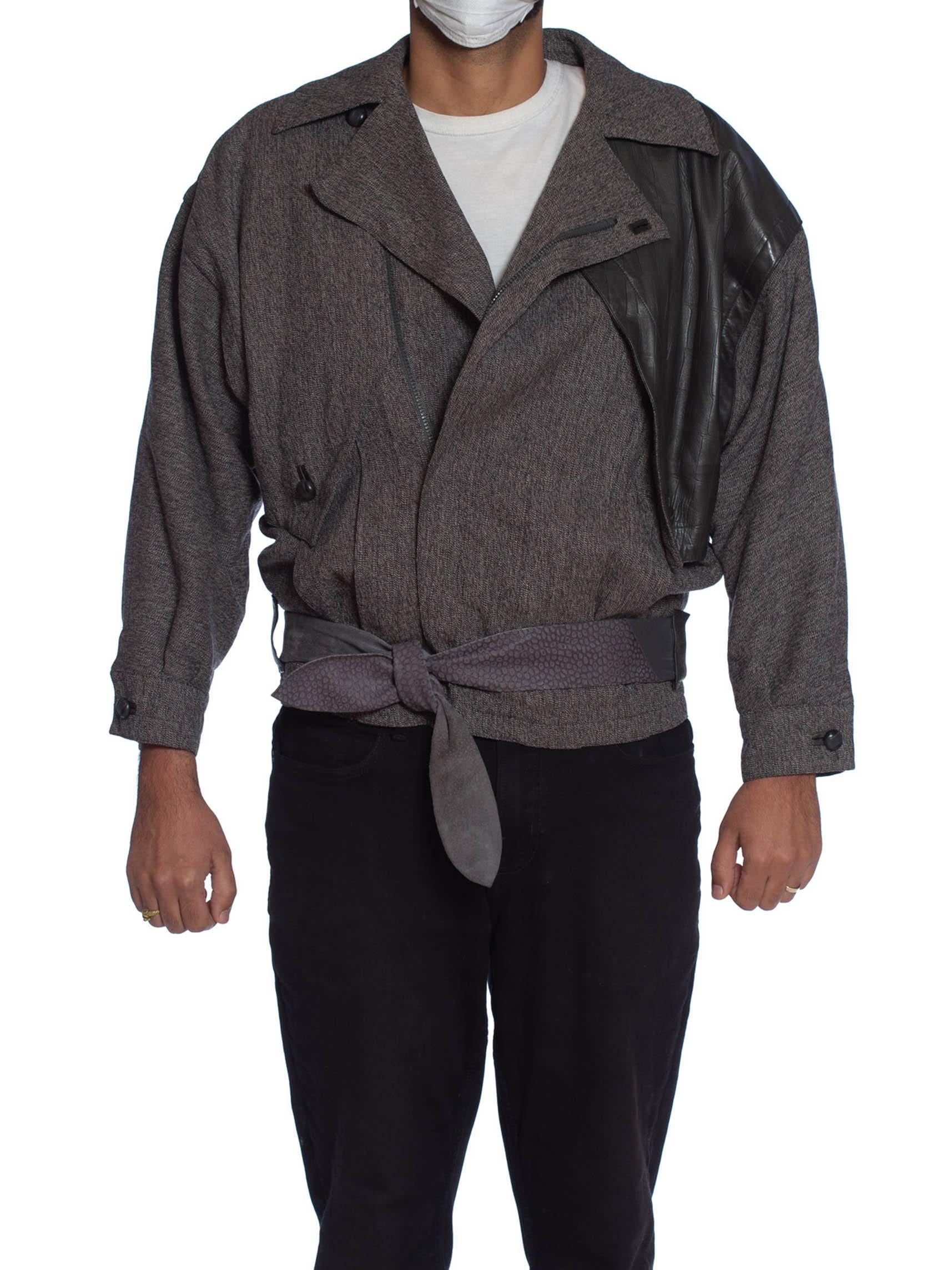 1980S Gianni Versace Chaqueta gris de lana y cuero para hombre 1