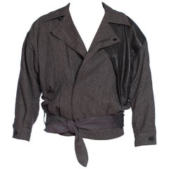 1980er Gianni Versace Graue Herrenjacke aus Wolle und Leder