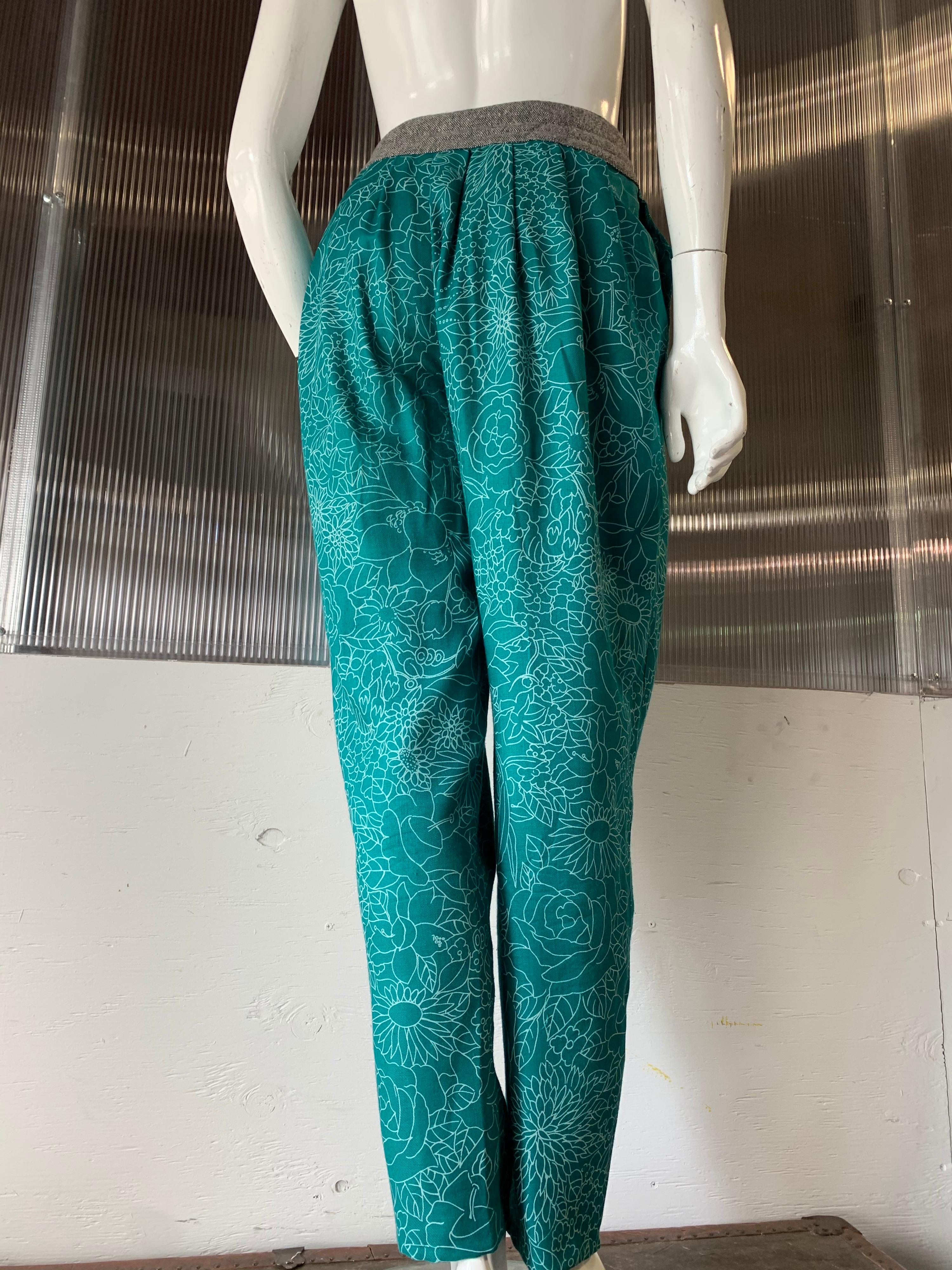 1980s Gianni Versace Harem Pants in Teal & White Floral Print & Trapunto Waist 1
