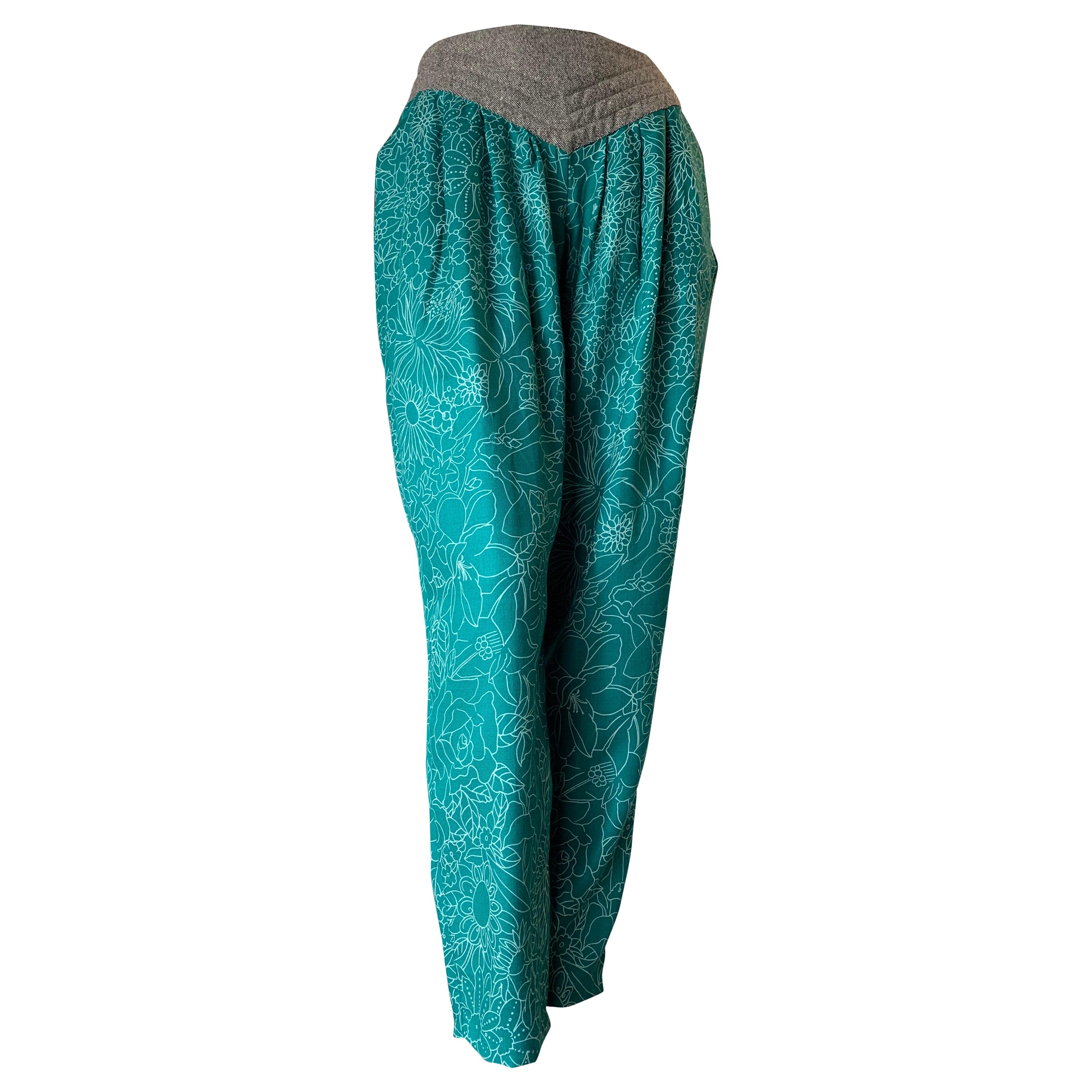 1980s Gianni Versace Harem Pants in Teal & White Floral Print & Trapunto Waist