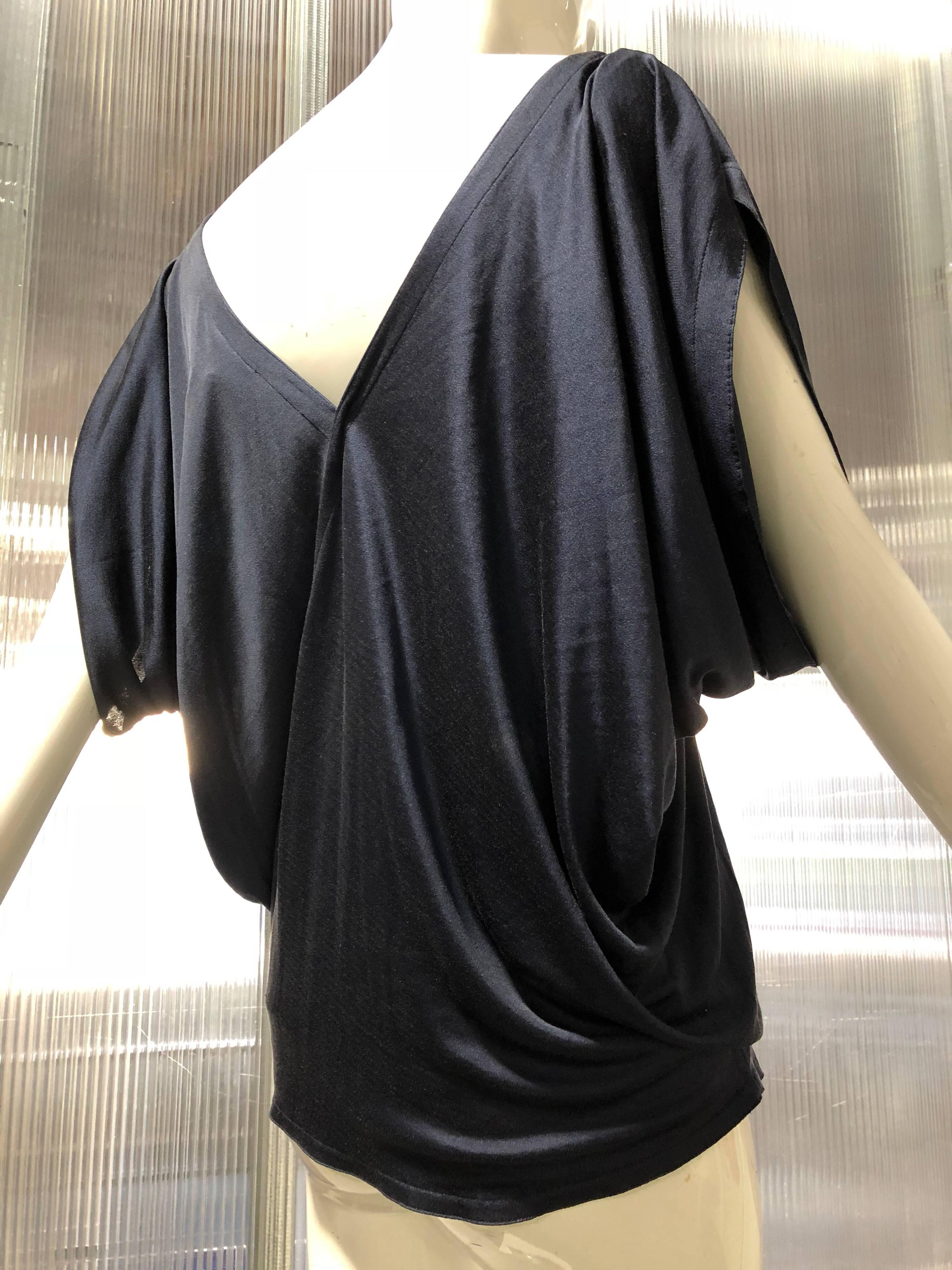 1980s Gianni Versace Lightweight Navy Blue Matte Silk Jersey Cocoon Blouse  In Excellent Condition For Sale In Gresham, OR