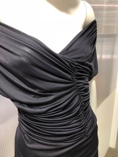 1980s Gianni Versace Midnight Blue Off-The-Shoulder Ruched Silk Jersey Blouse