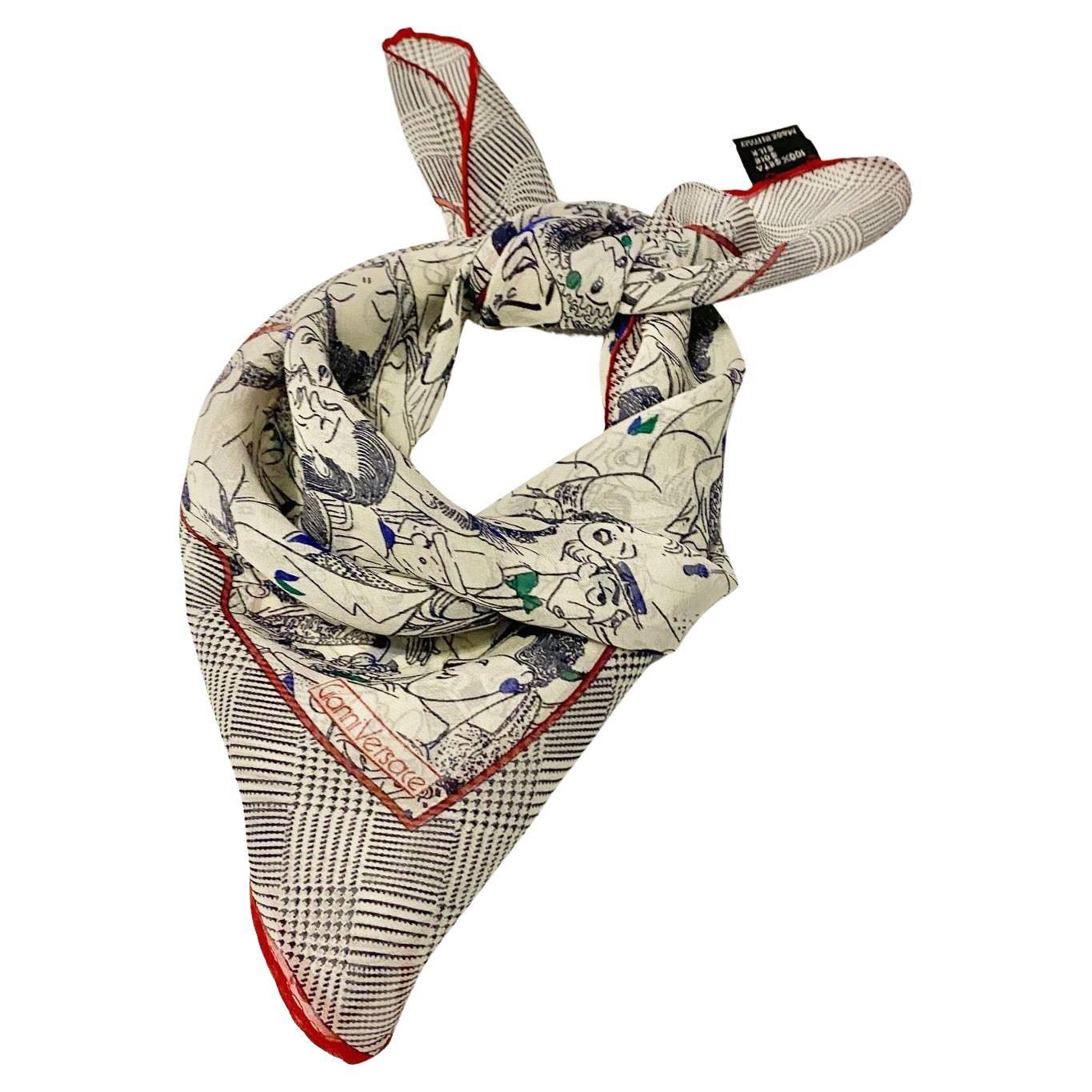 1980s Gianni Versace Novelty Celebrity Caricature print, Chiffon Silk Neckerchief Scarf, red edges, made in Italy  This stunning product is a luxurious homage to the glamorous fashion house and its signature style. With a one of kind print, soft