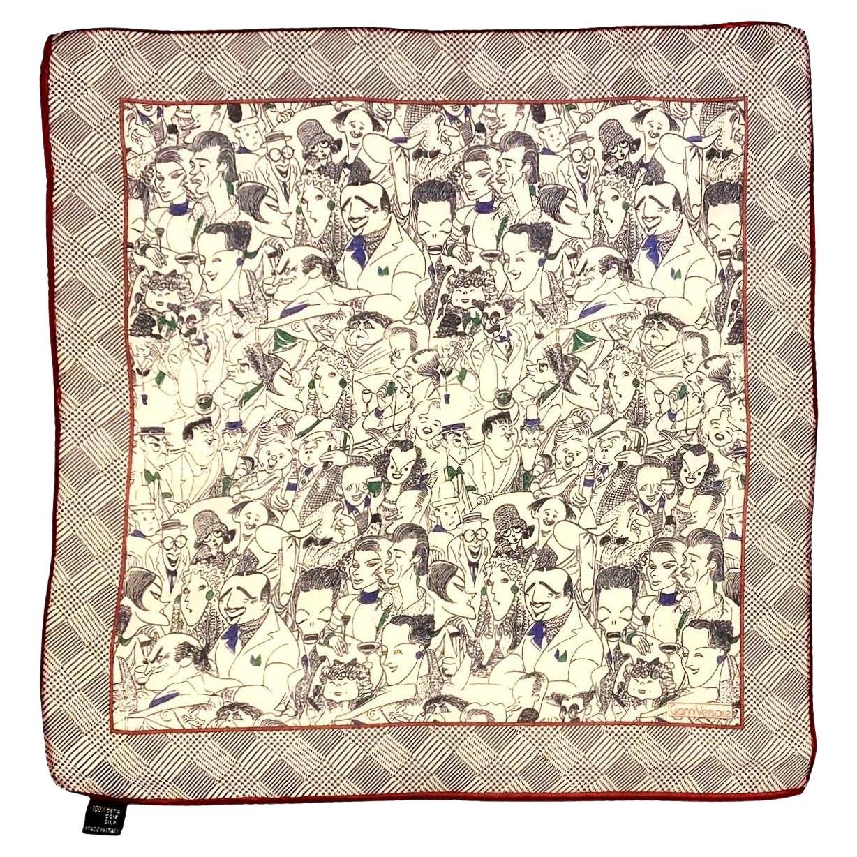 1980 Gianni Versace Novelty Celebrity Caricature Chiffon Silk Scarf (écharpe en soie) en vente