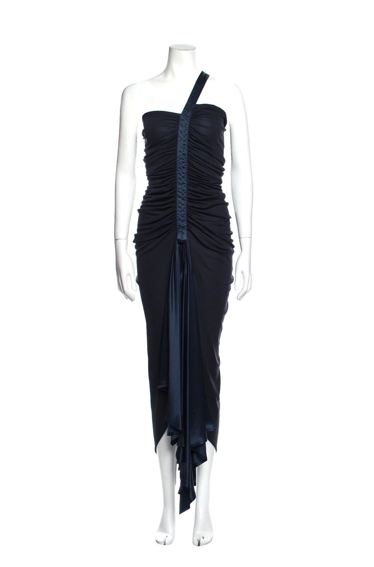 1980s Gianni Versace one shoulder navy evening gown at 1stDibs