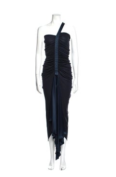 1980s Gianni Versace one shoulder navy evening gown