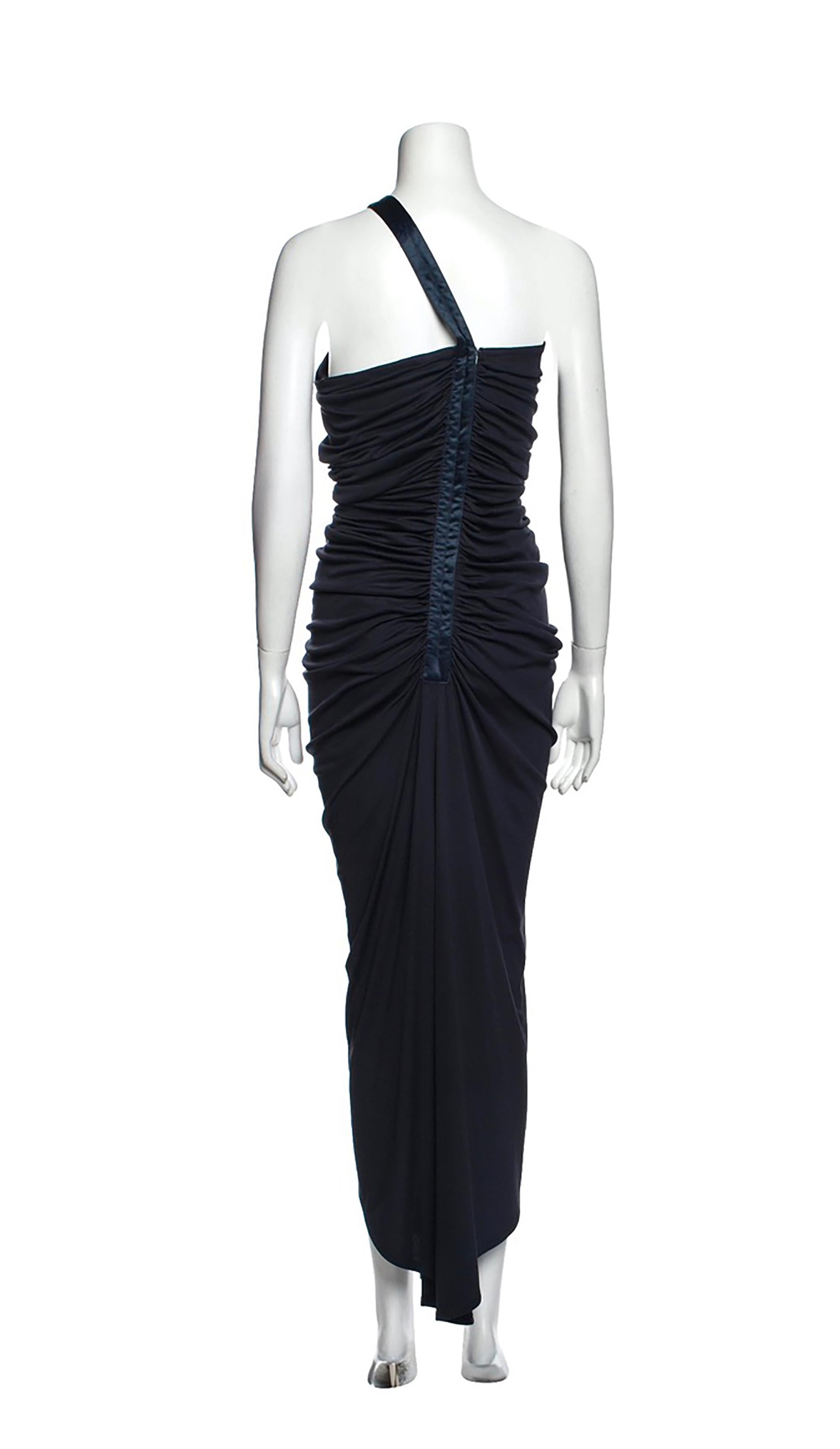 Black 1980s Gianni Versace one shoulder navy evening gown