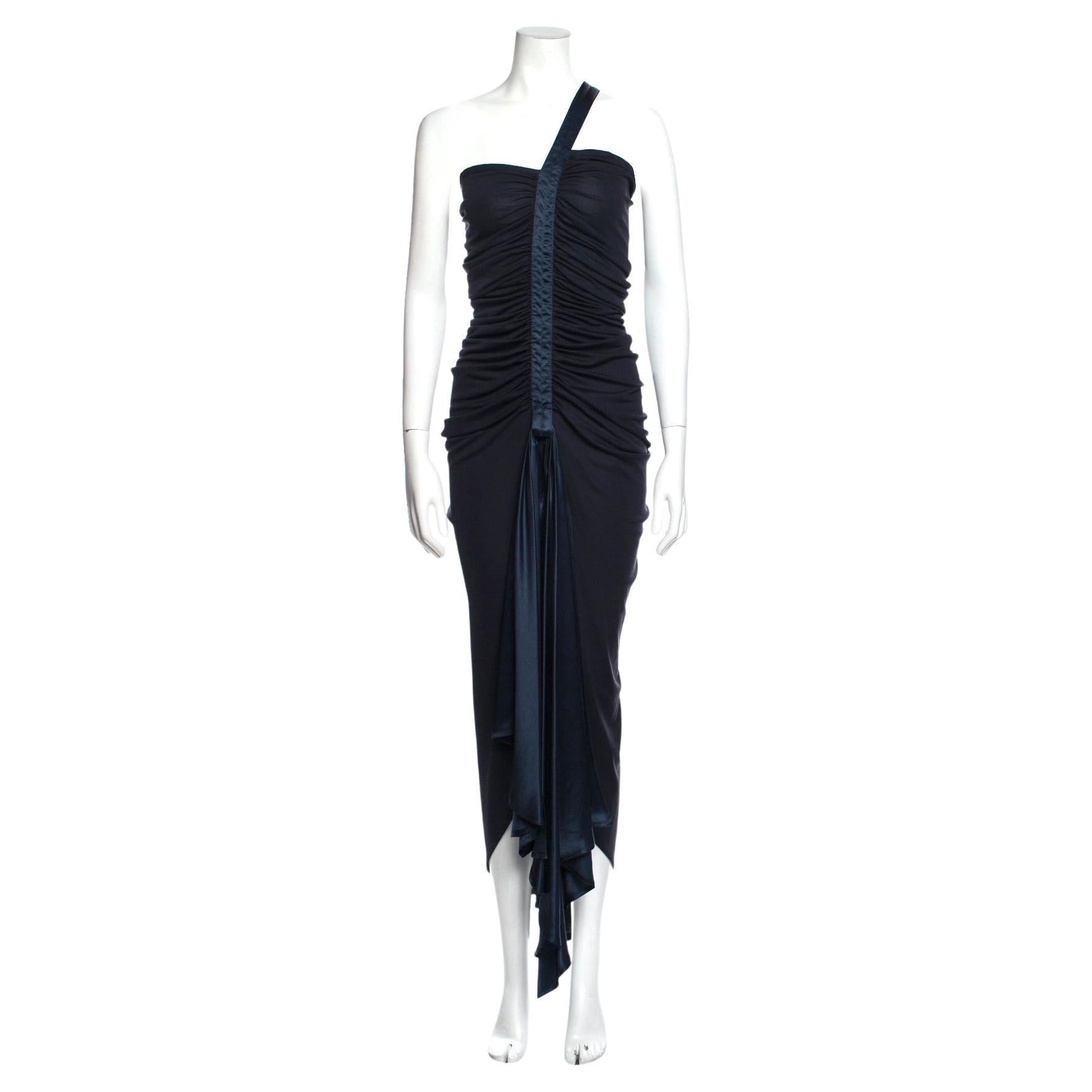 1980s Gianni Versace one shoulder navy evening gown
