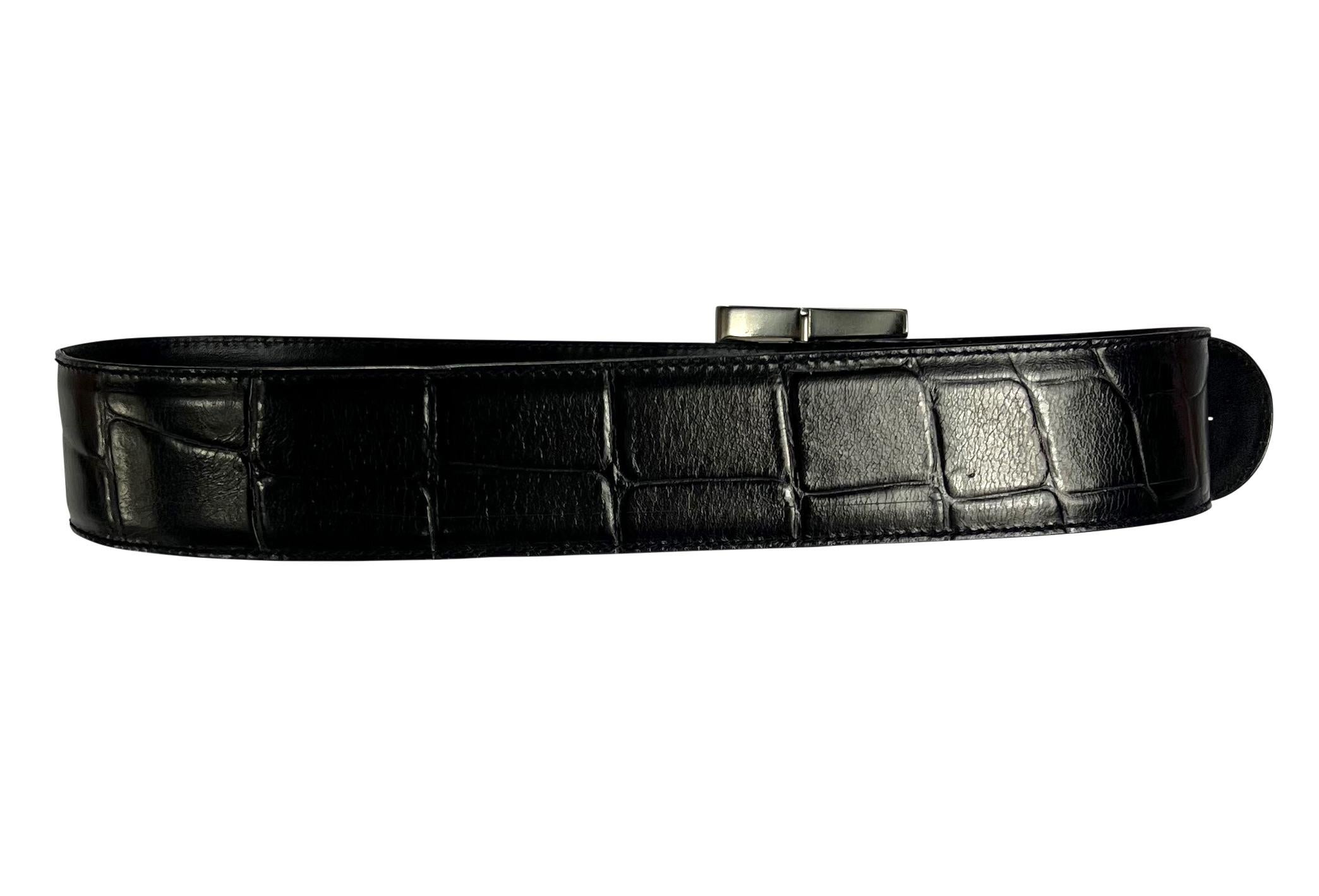 1980s Gianni Versace Oversized Buckle Black Croc Embossed Leather Belt In Good Condition For Sale In West Hollywood, CA