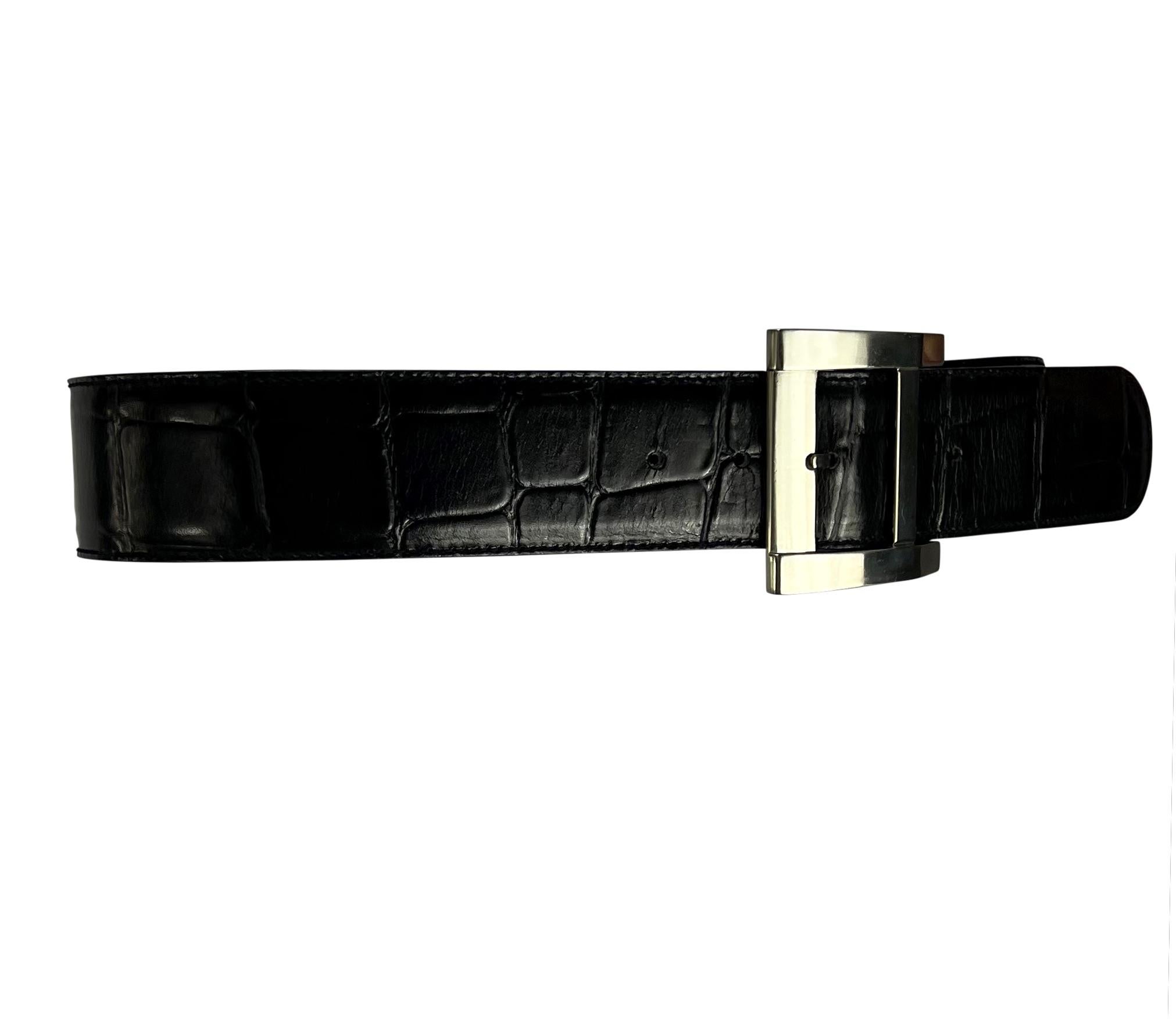 Women's 1980s Gianni Versace Oversized Buckle Black Croc Embossed Leather Belt For Sale