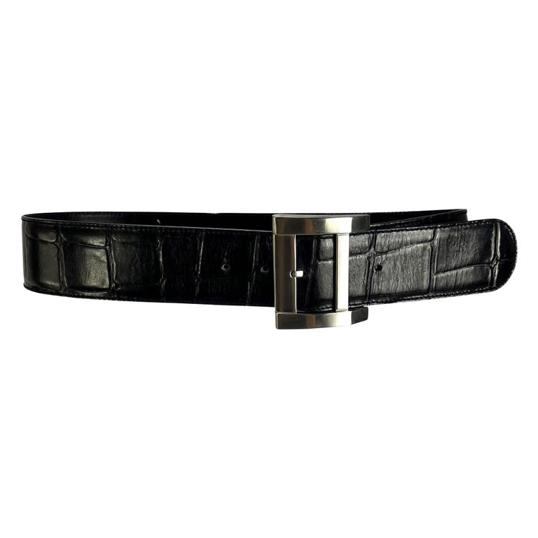 1980s Gianni Versace Oversized Buckle Black Croc Embossed 