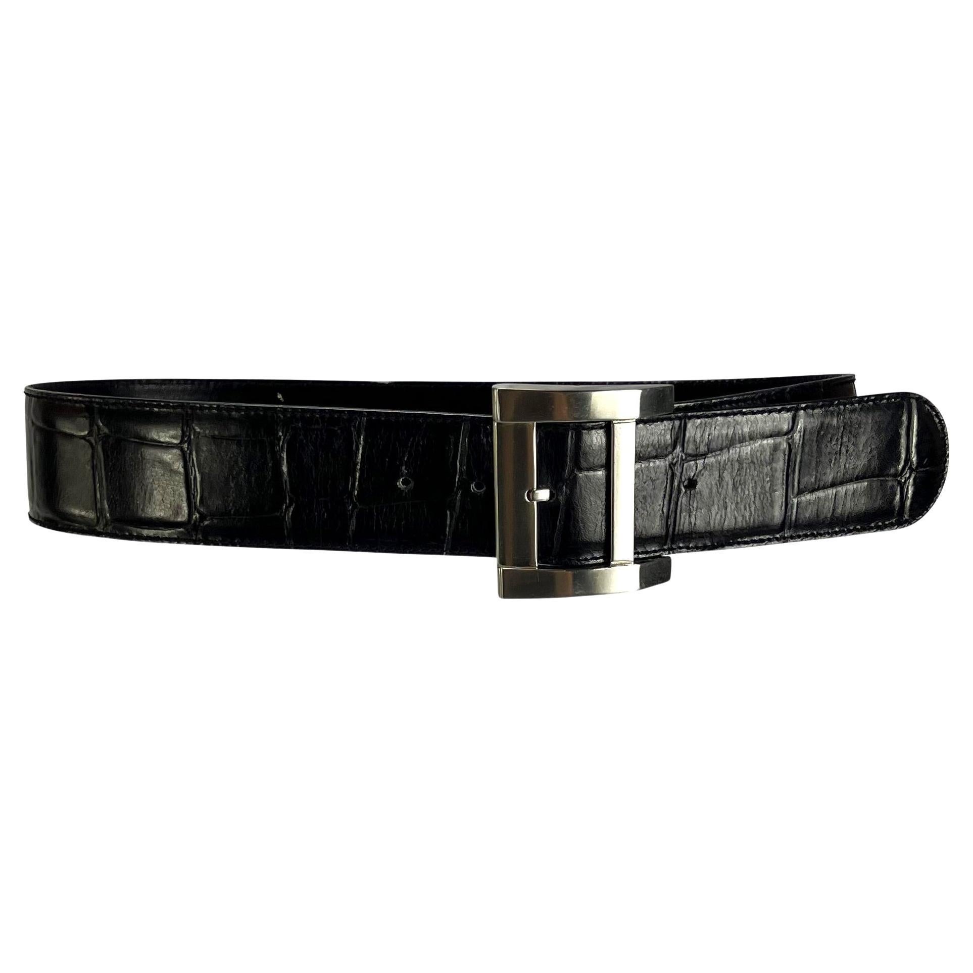 1980s Gianni Versace Oversized Buckle Black Croc Embossed Leather Belt For Sale