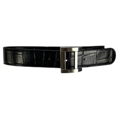 1980s Gianni Versace Oversized Buckle Black Croc Embossed Leather Belt