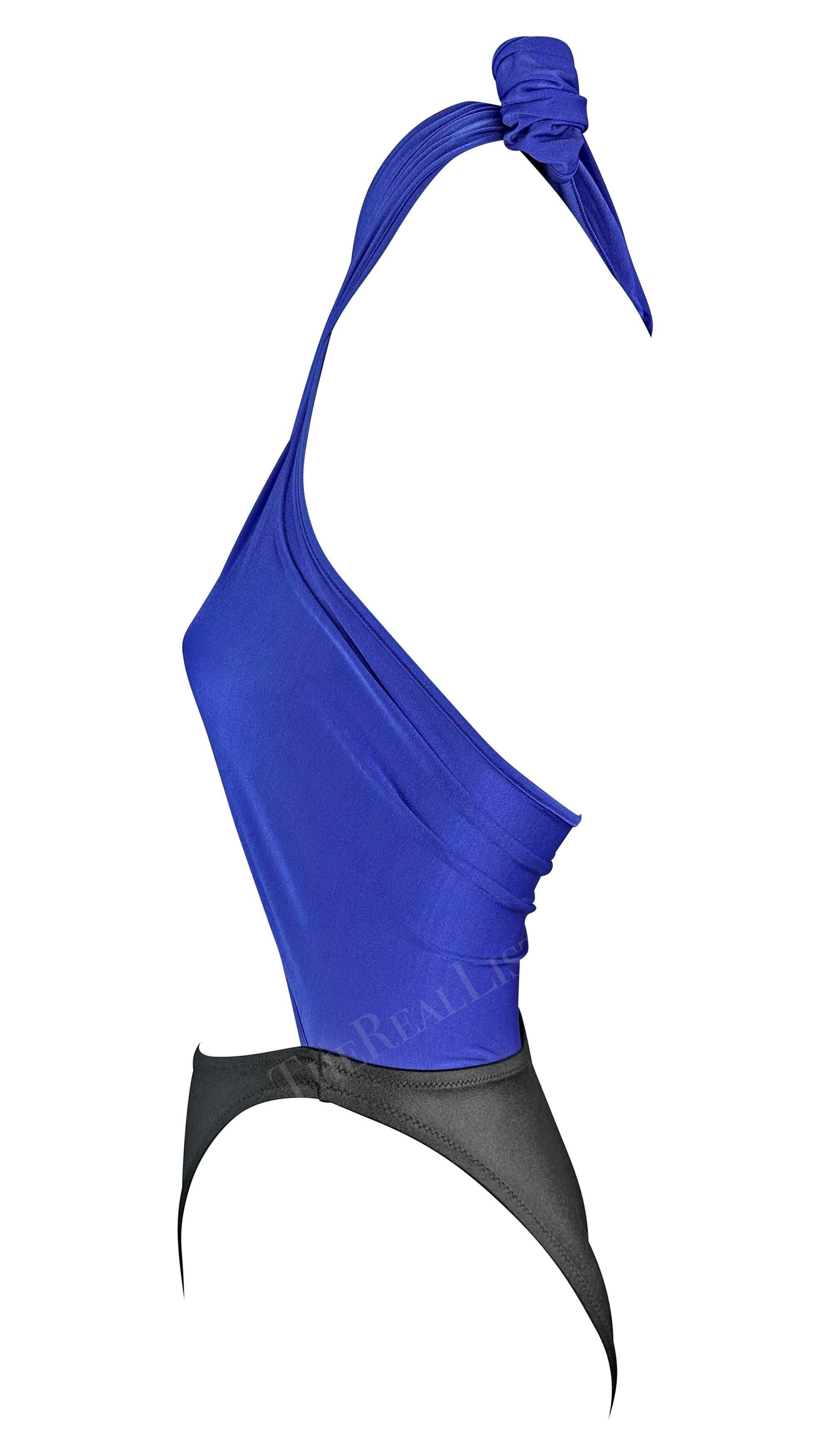 1980er Gianni Versace Tiefliegender Wickelanzug Blau Schwarz Einteiliger Bikini-Badeanzug (Violett) im Angebot