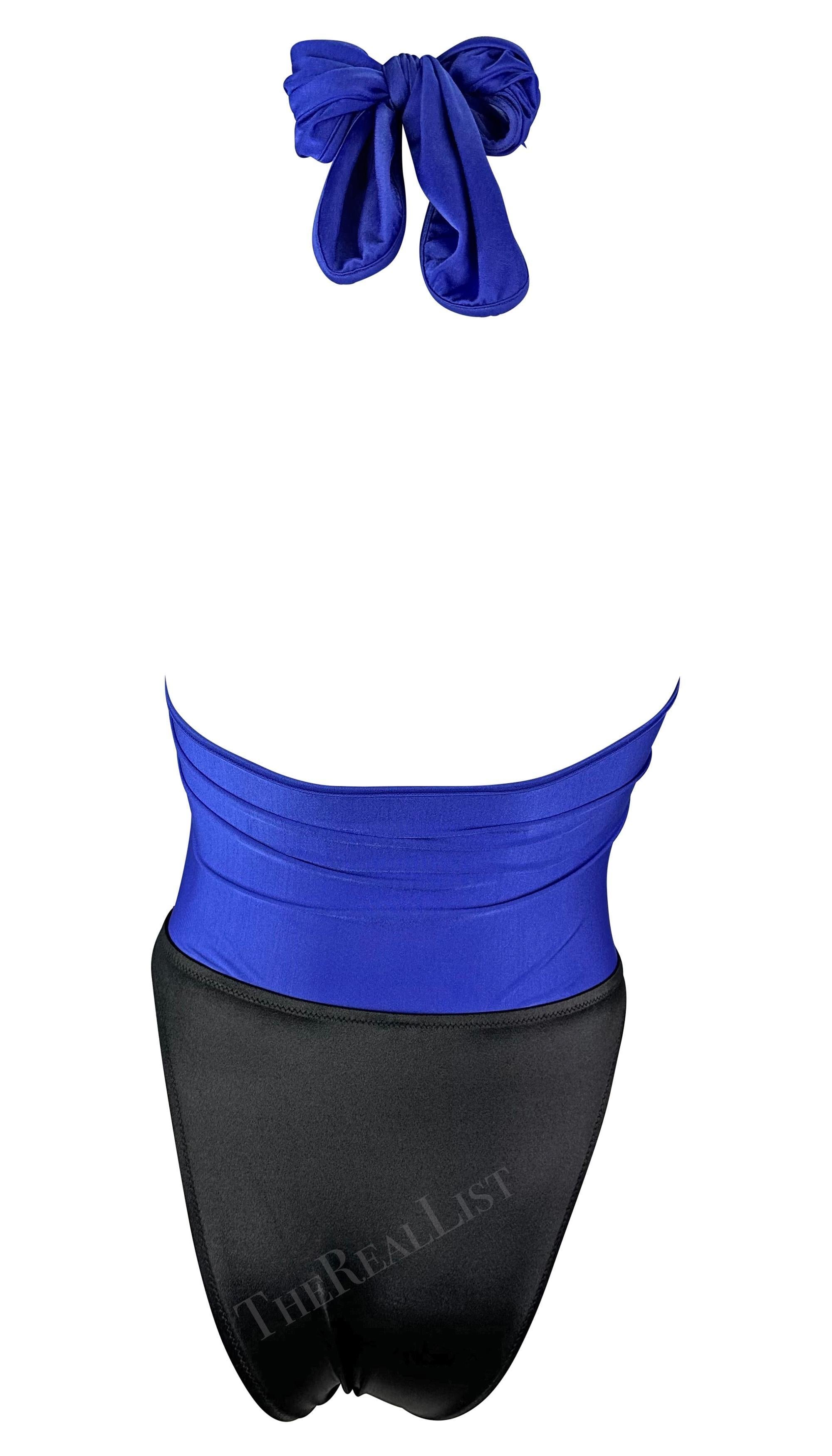 1980er Gianni Versace Tiefliegender Wickelanzug Blau Schwarz Einteiliger Bikini-Badeanzug im Zustand „Hervorragend“ im Angebot in West Hollywood, CA