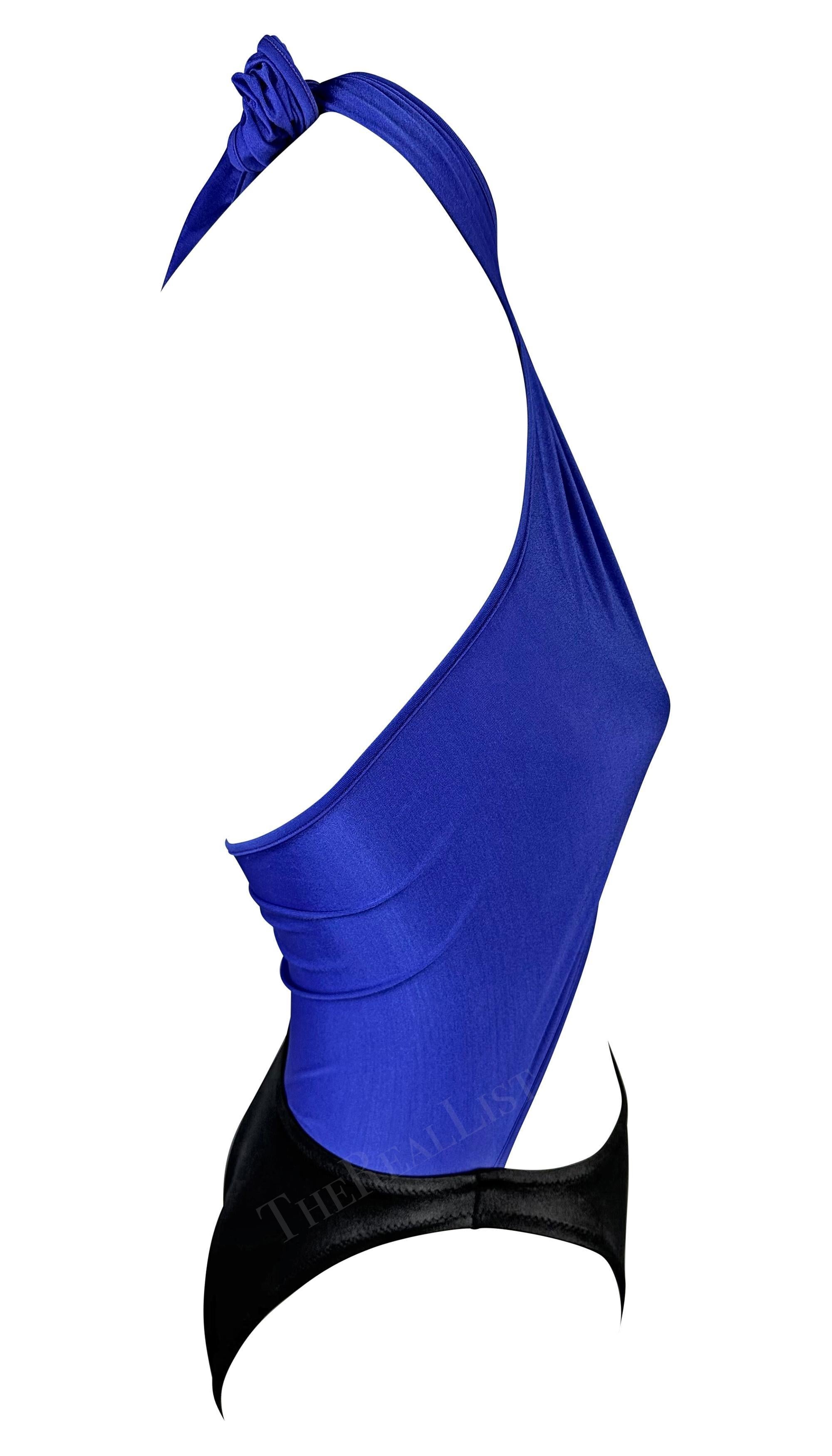 1980er Gianni Versace Tiefliegender Wickelanzug Blau Schwarz Einteiliger Bikini-Badeanzug für Damen oder Herren im Angebot