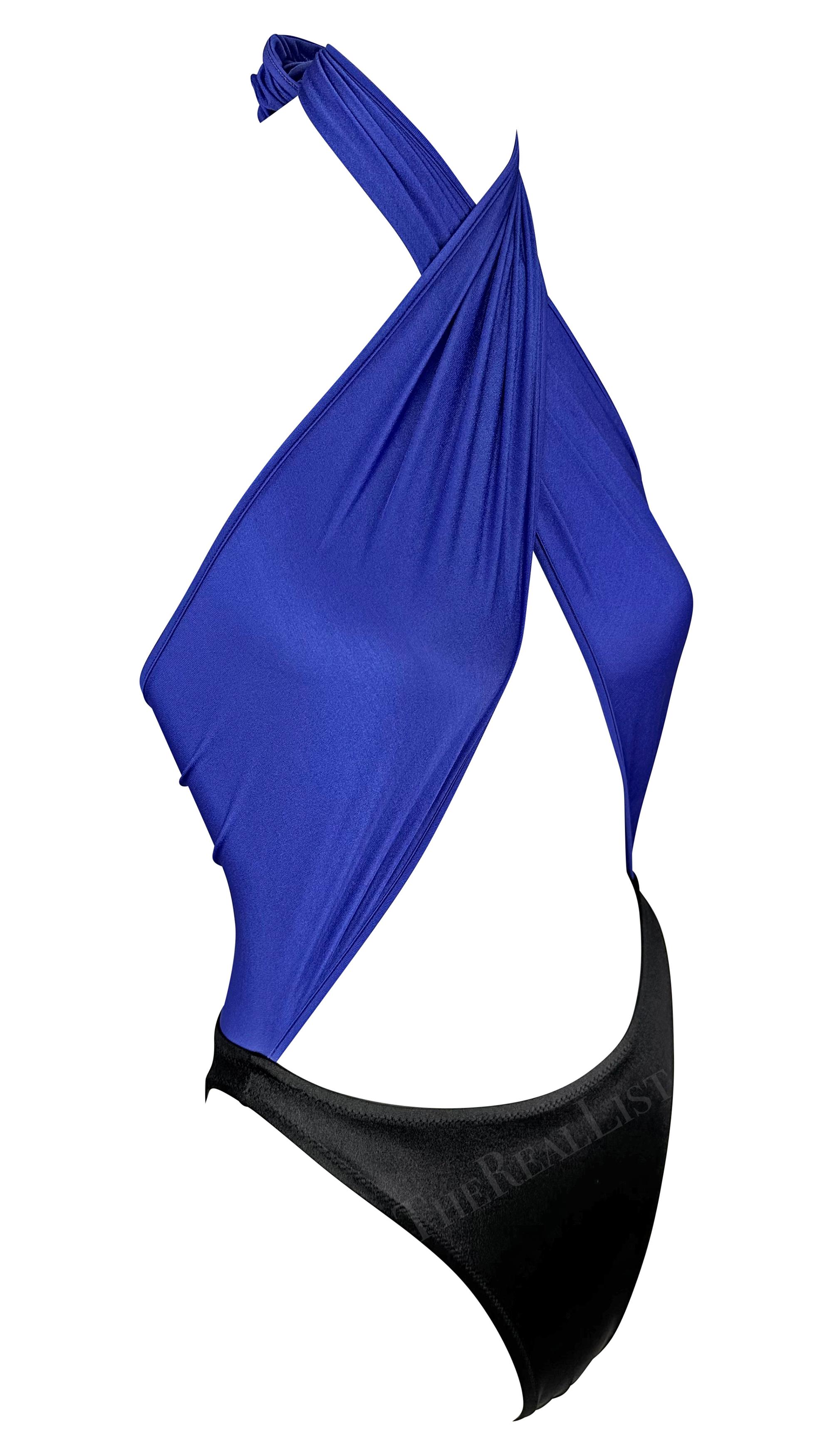1980s Gianni Versace Plunging Wrap Blue Black One-Piece Bikini Swimsuit For Sale 1