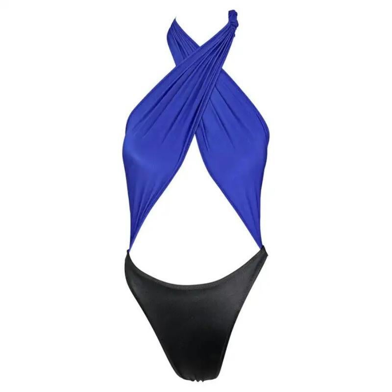 1980er Gianni Versace Tiefliegender Wickelanzug Blau Schwarz Einteiliger Bikini-Badeanzug
