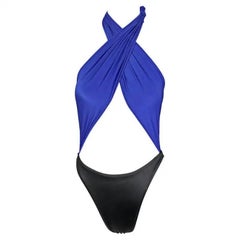 1980er Gianni Versace Tiefliegender Wickelanzug Blau Schwarz Einteiliger Bikini-Badeanzug