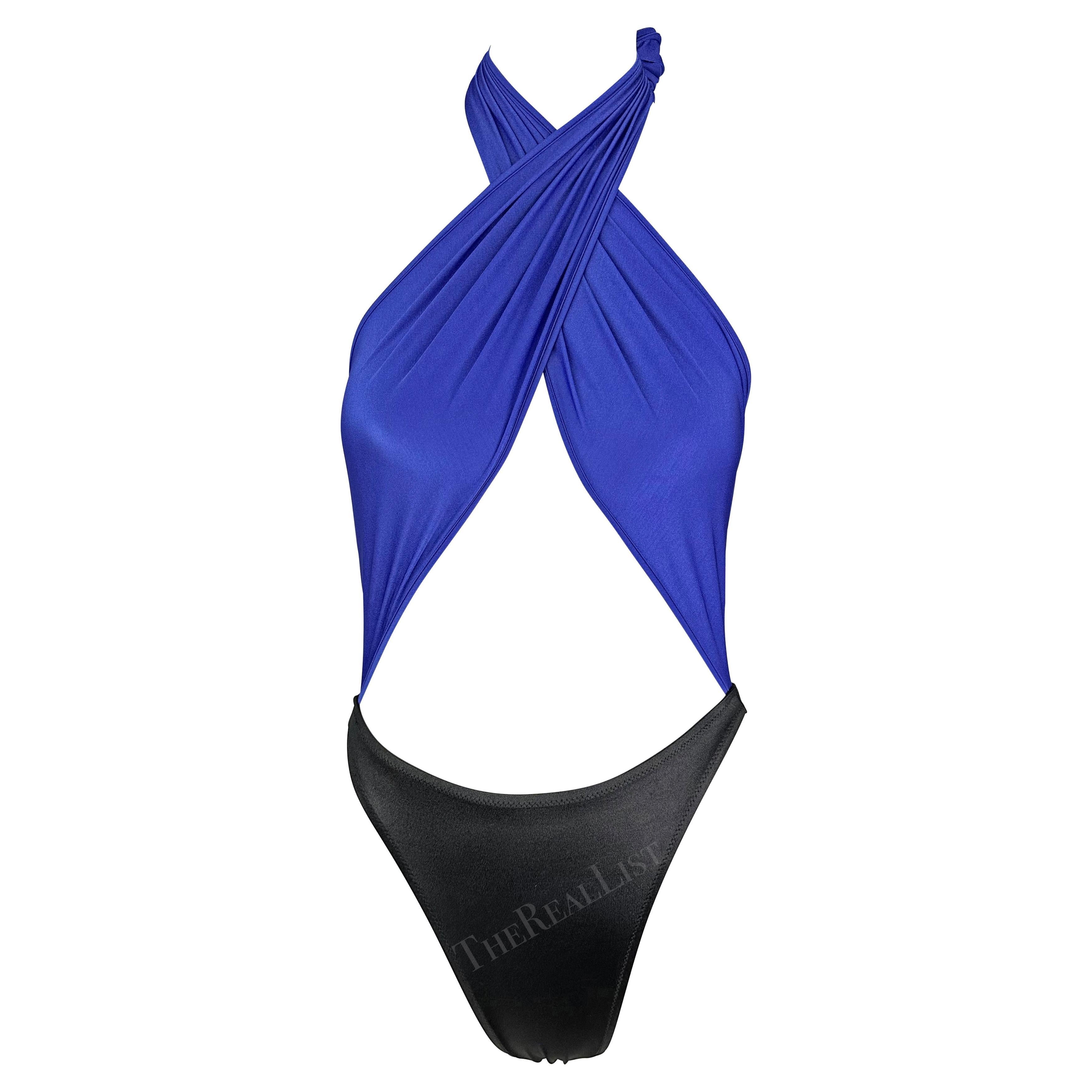 1980er Gianni Versace Tiefliegender Wickelanzug Blau Schwarz Einteiliger Bikini-Badeanzug im Angebot