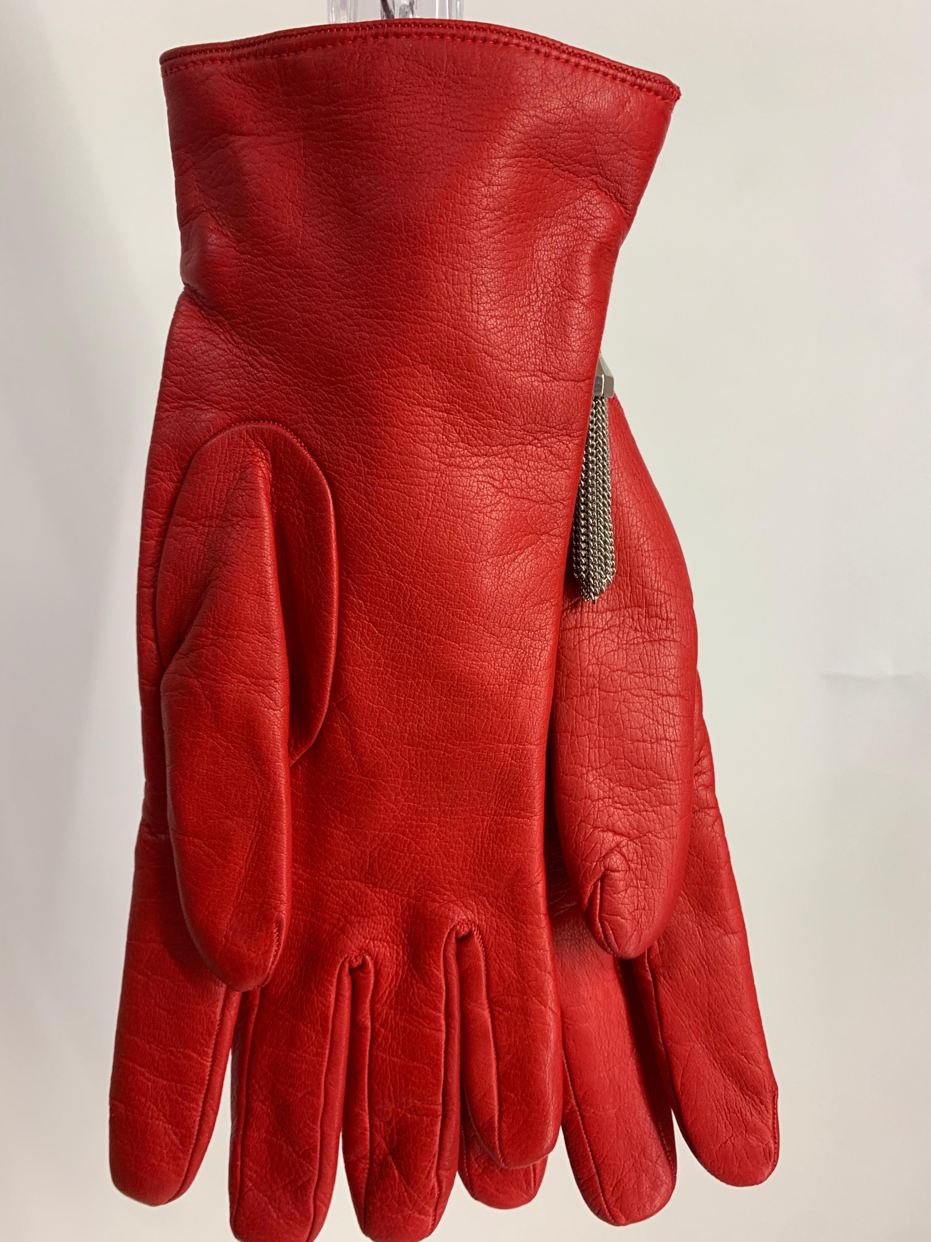 1980s Gianni Versace Red Kid Leather Gloves w Cashmere Lining & Tassel Chain  For Sale 6