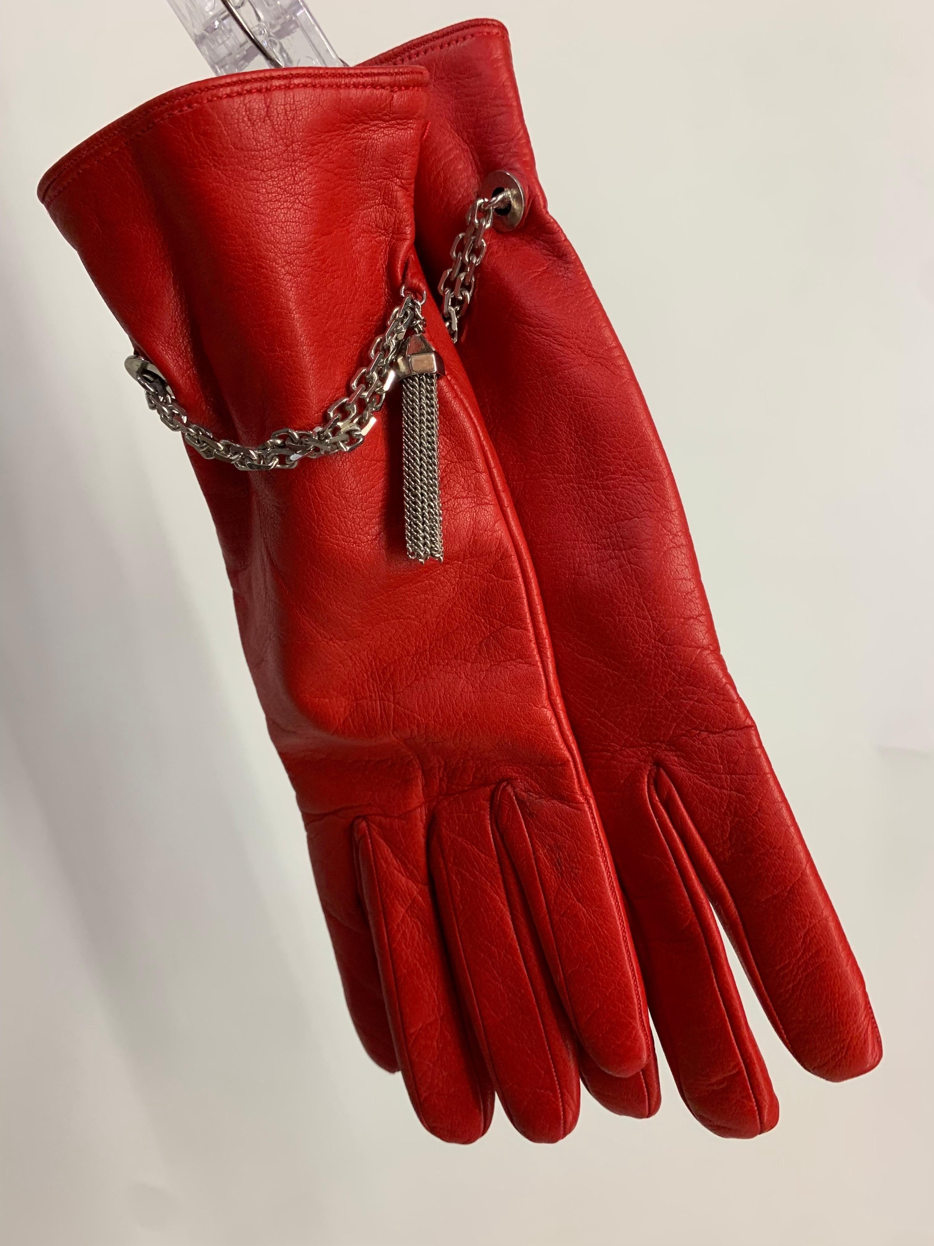 1980s Gianni Versace Red Kid Leather Gloves w Cashmere Lining & Tassel Chain  For Sale 7