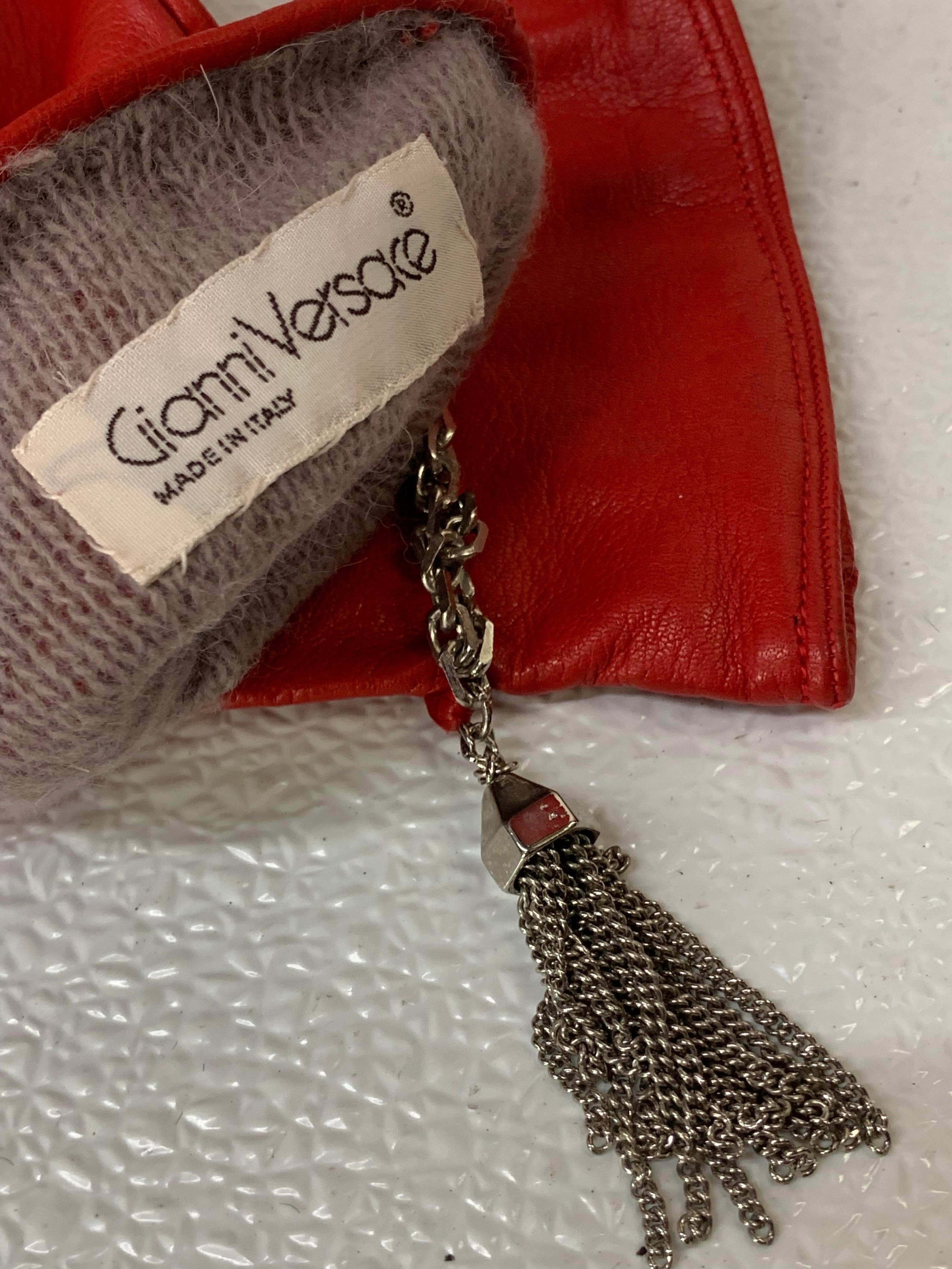 Women's 1980s Gianni Versace Red Kid Leather Gloves w Cashmere Lining & Tassel Chain For Sale