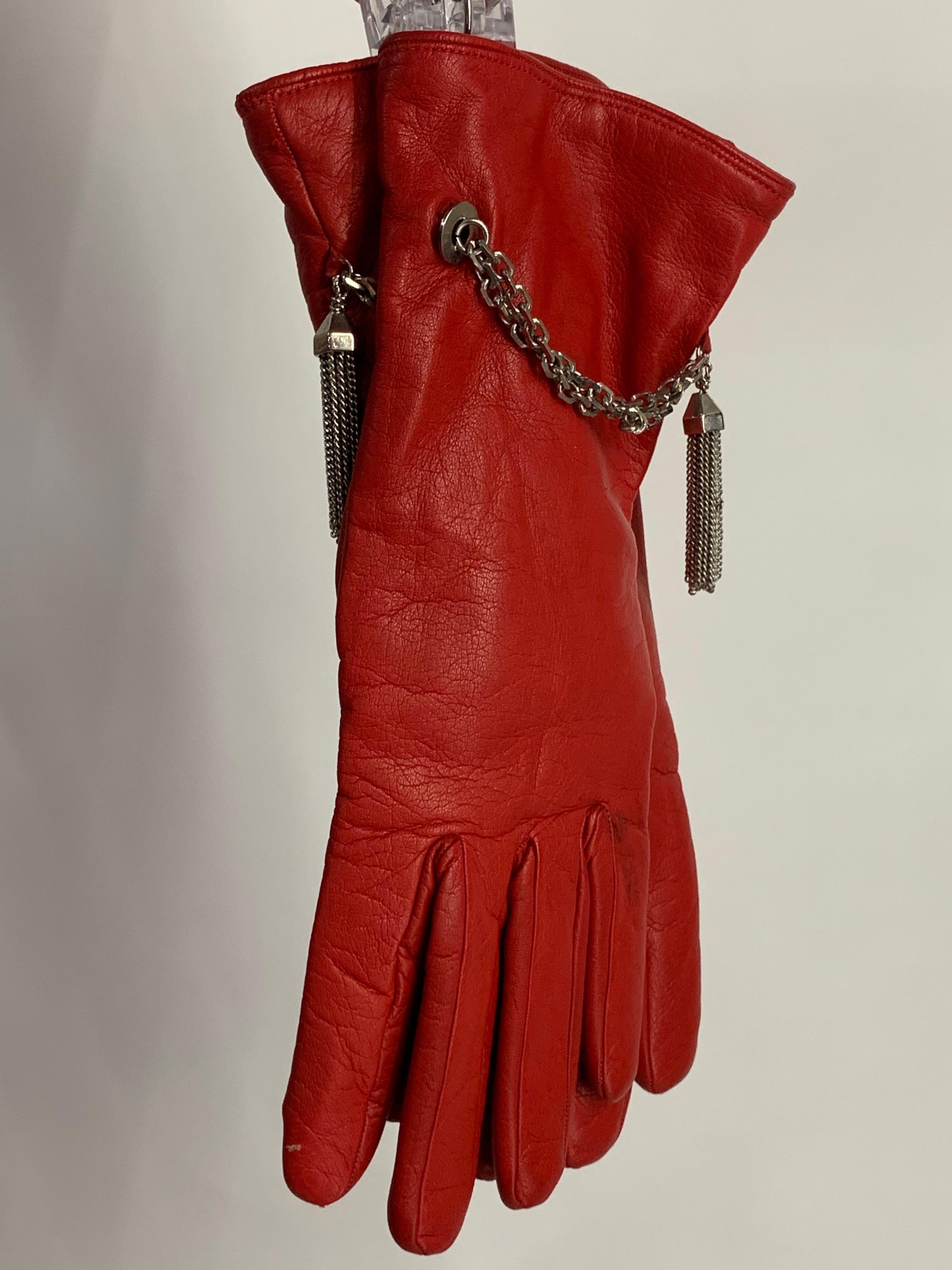 1980s Gianni Versace Red Kid Leather Gloves w Cashmere Lining & Tassel Chain  For Sale 3