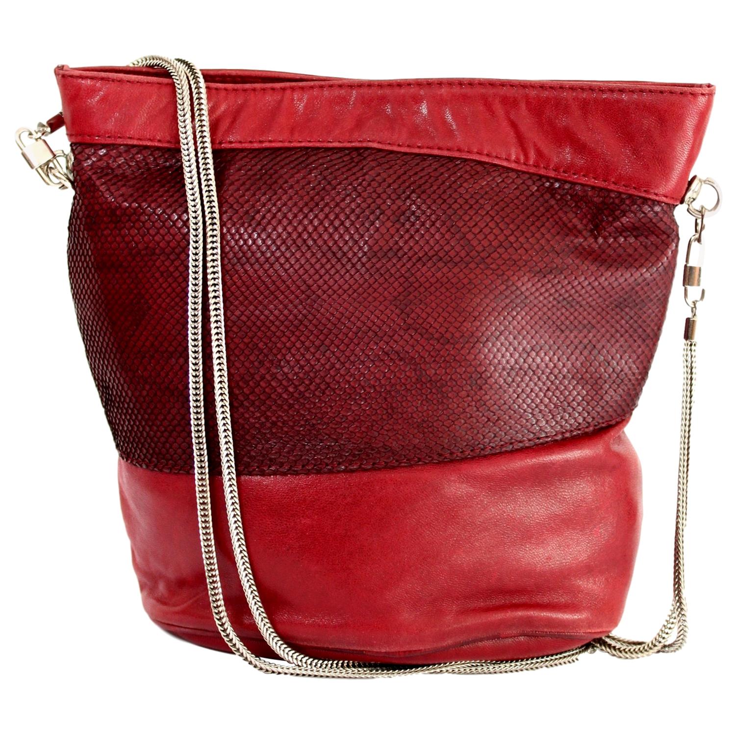 Gianni Versace Red Reptile Leather Shoulder Bucket Bag 1980s