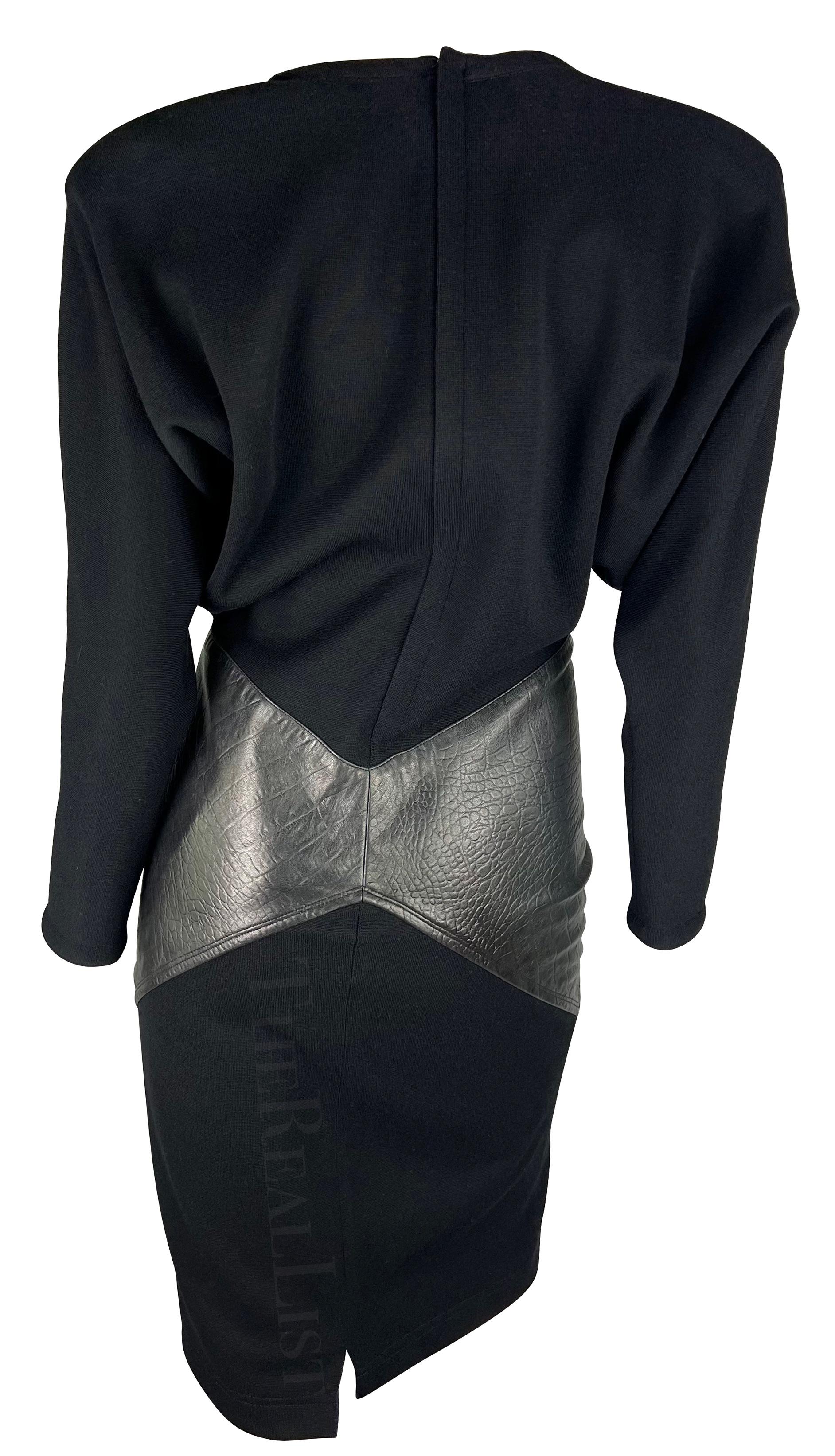 Women's 1980s Gianni Versace Stretch Knit Embossed Leather Hip Tie Black Wool Dress For Sale