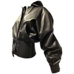 1980s Gianni Versace Supple Black Leather Bomber Jacket W/ Wide Belted Waistband